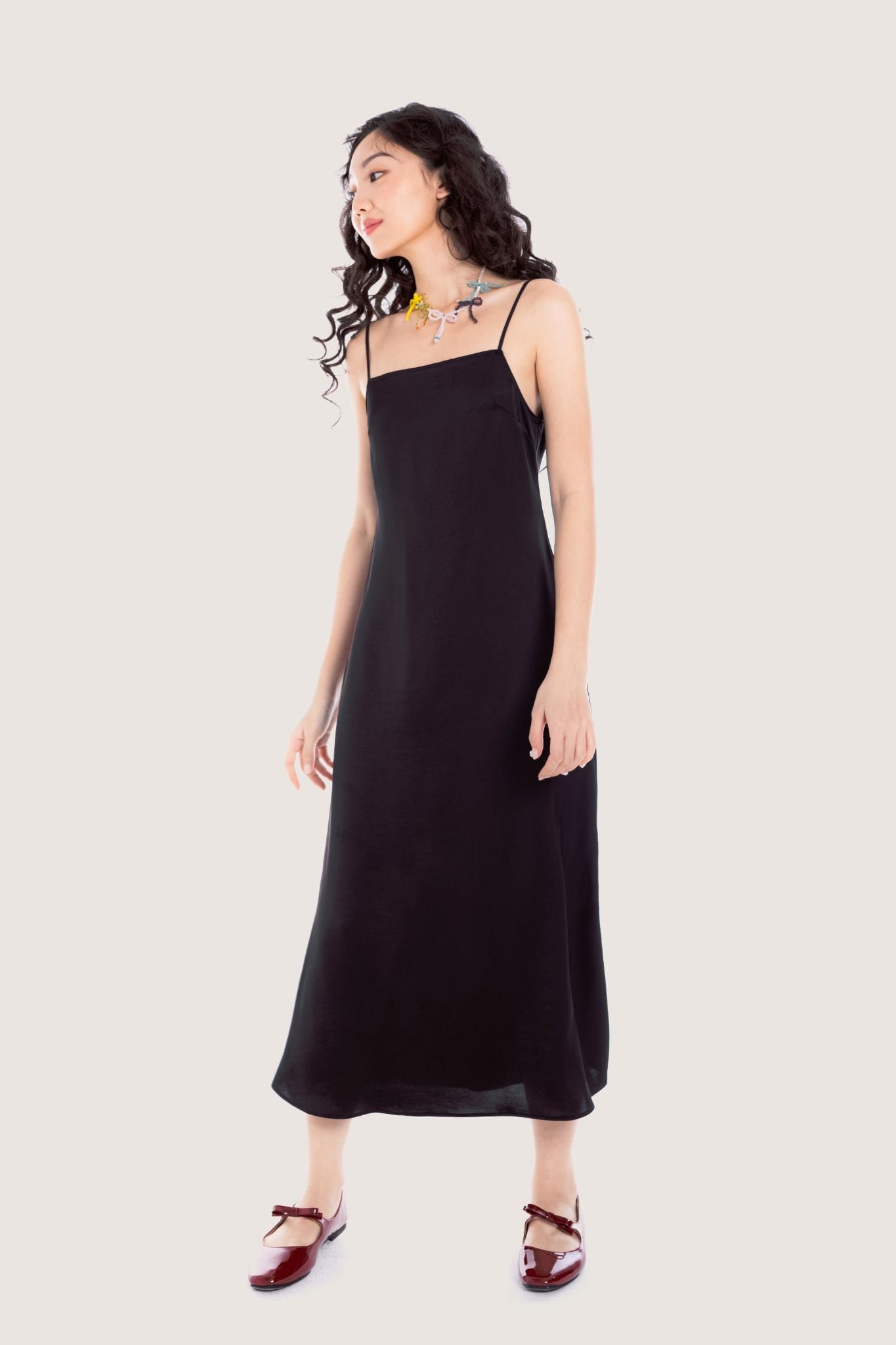  Black Trimming Back Silk Midi Dress 