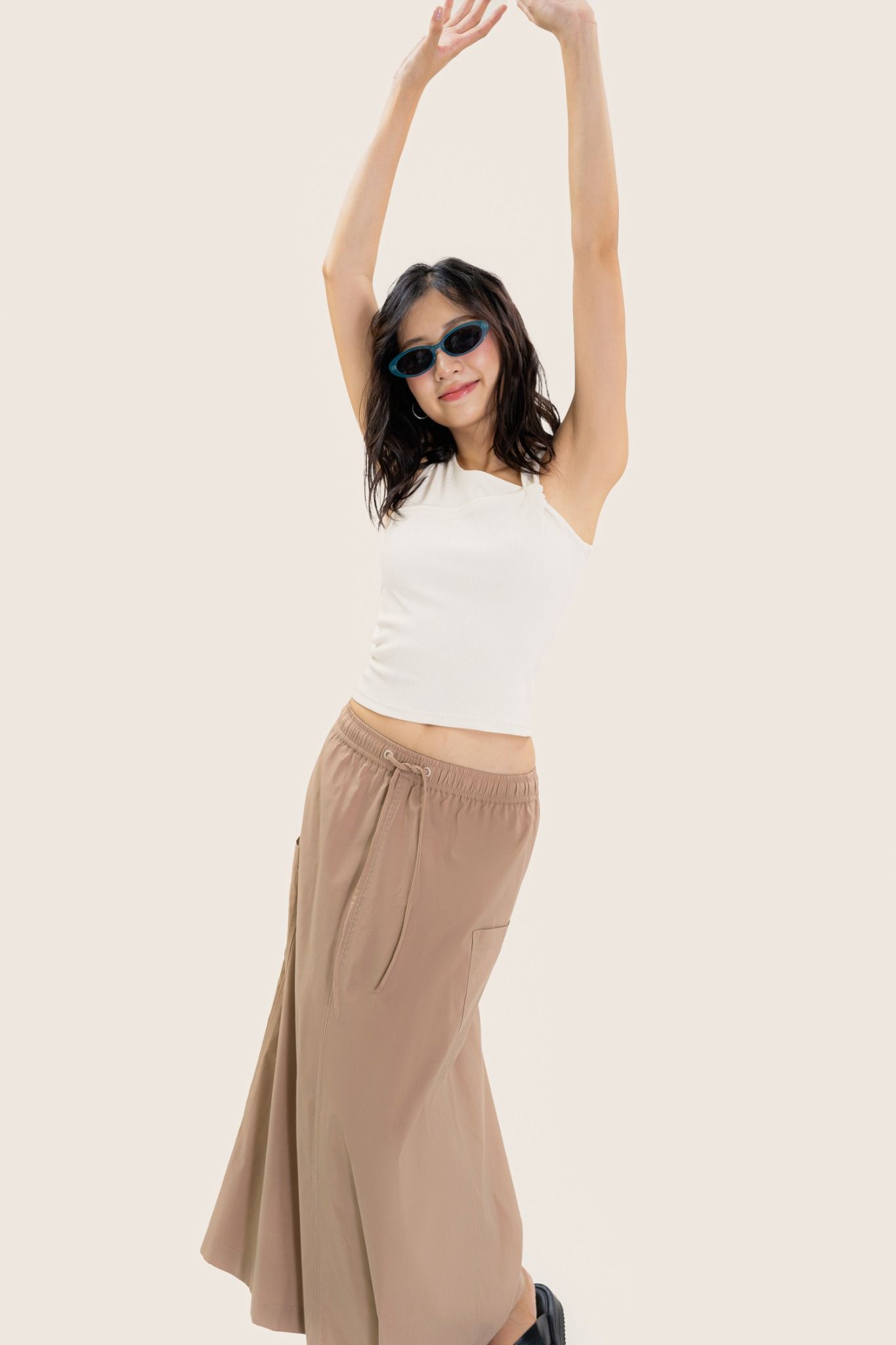  Brown Ruched Midi Skirt With Pockets 