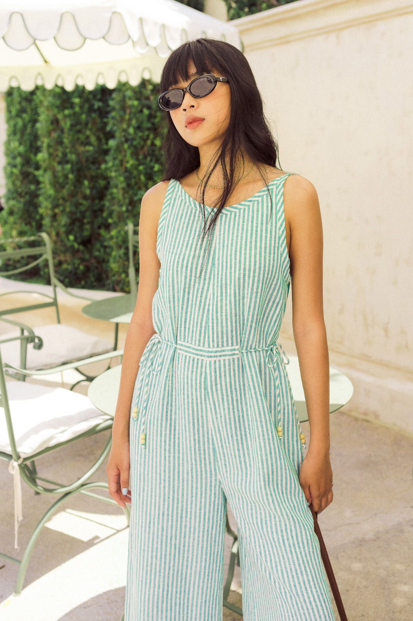  Green Oversized Open Back Pinstriped Jumpsuit 