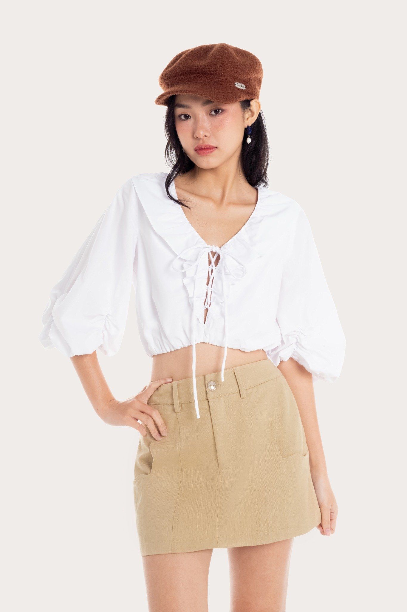  White Front Tied Ruched Sleeve Top 