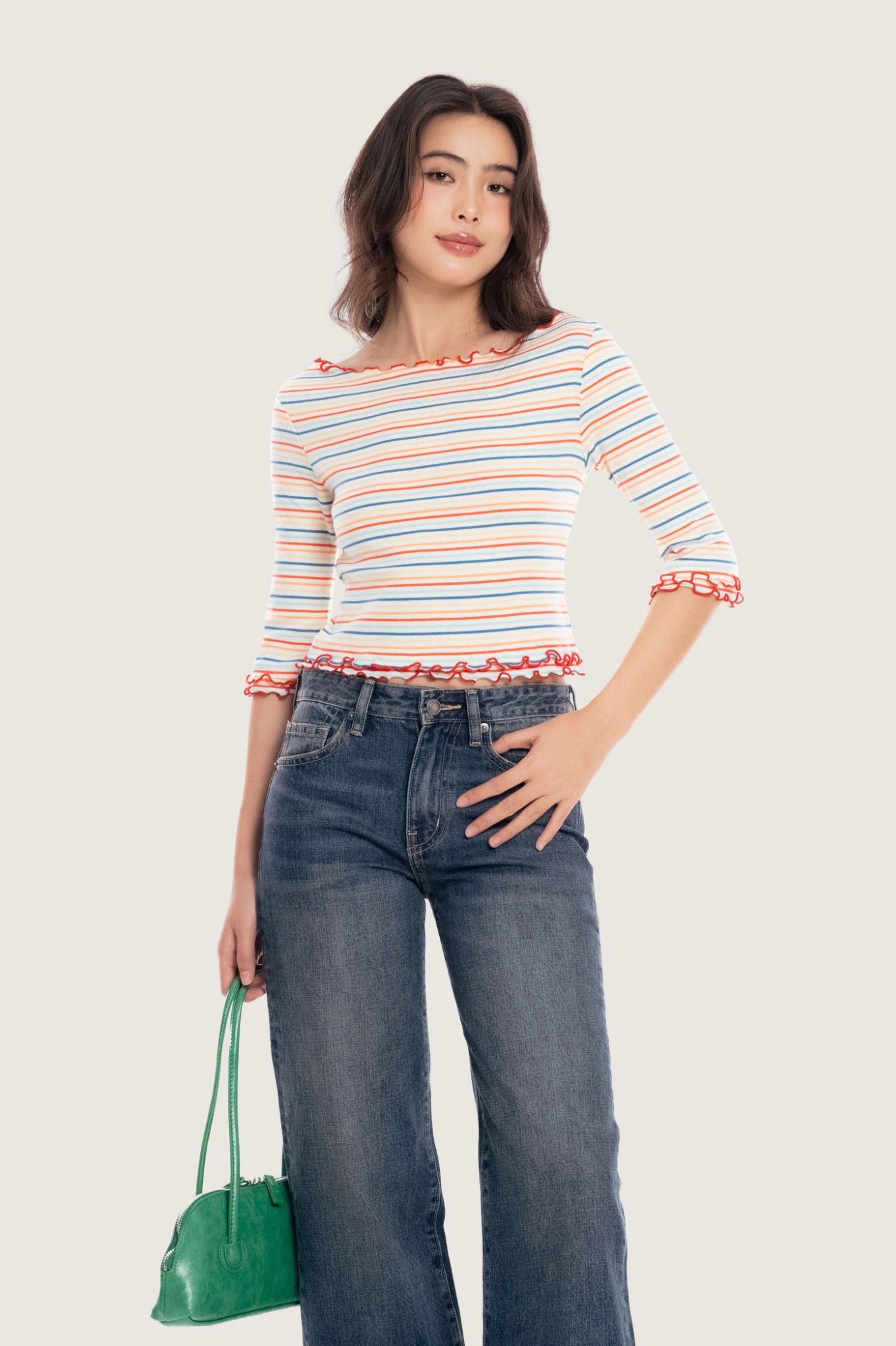  Rainbow Striped Long Sleeves Top 