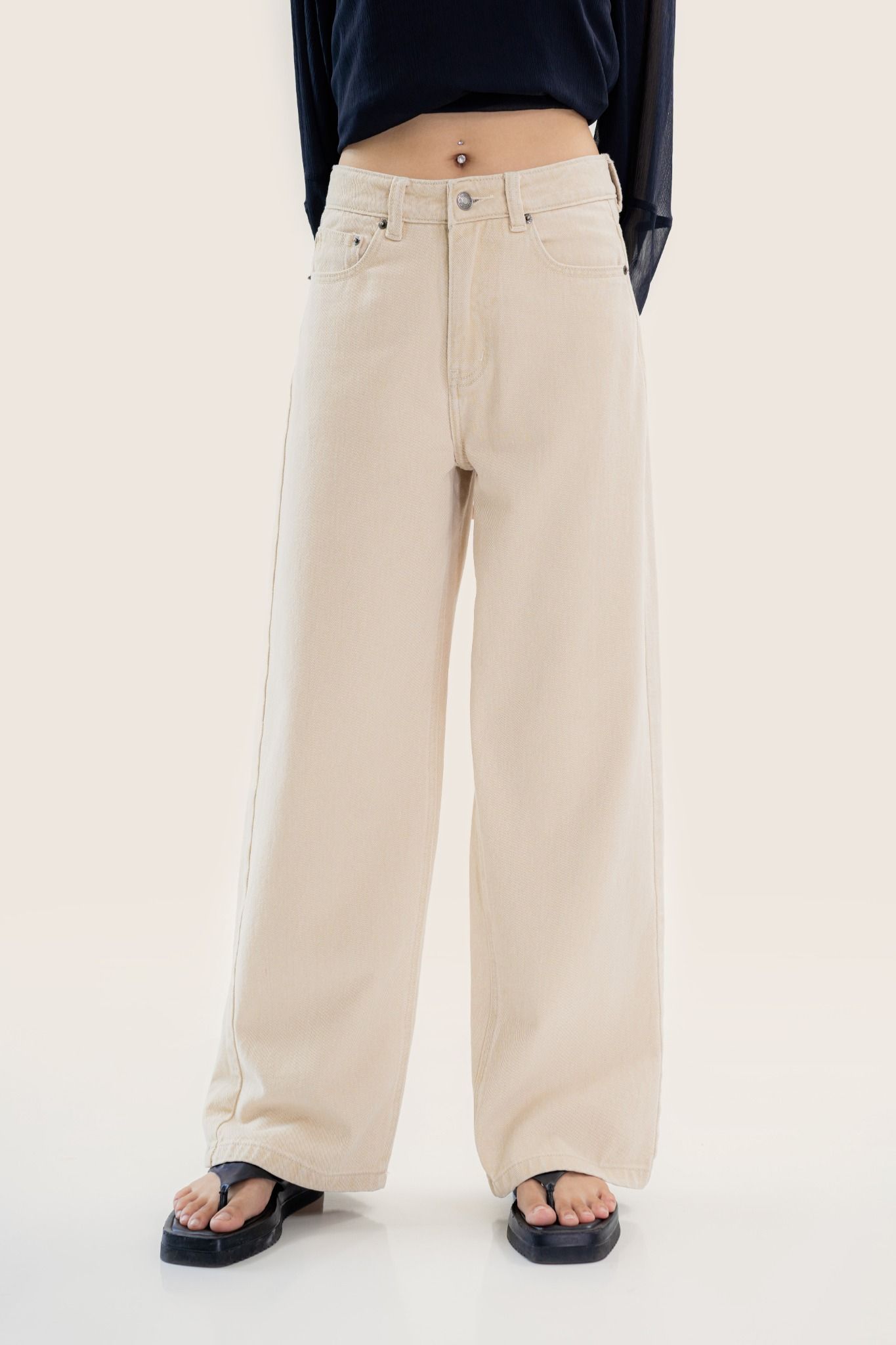  Beige Mid-Rise Straight Leg Jeans 