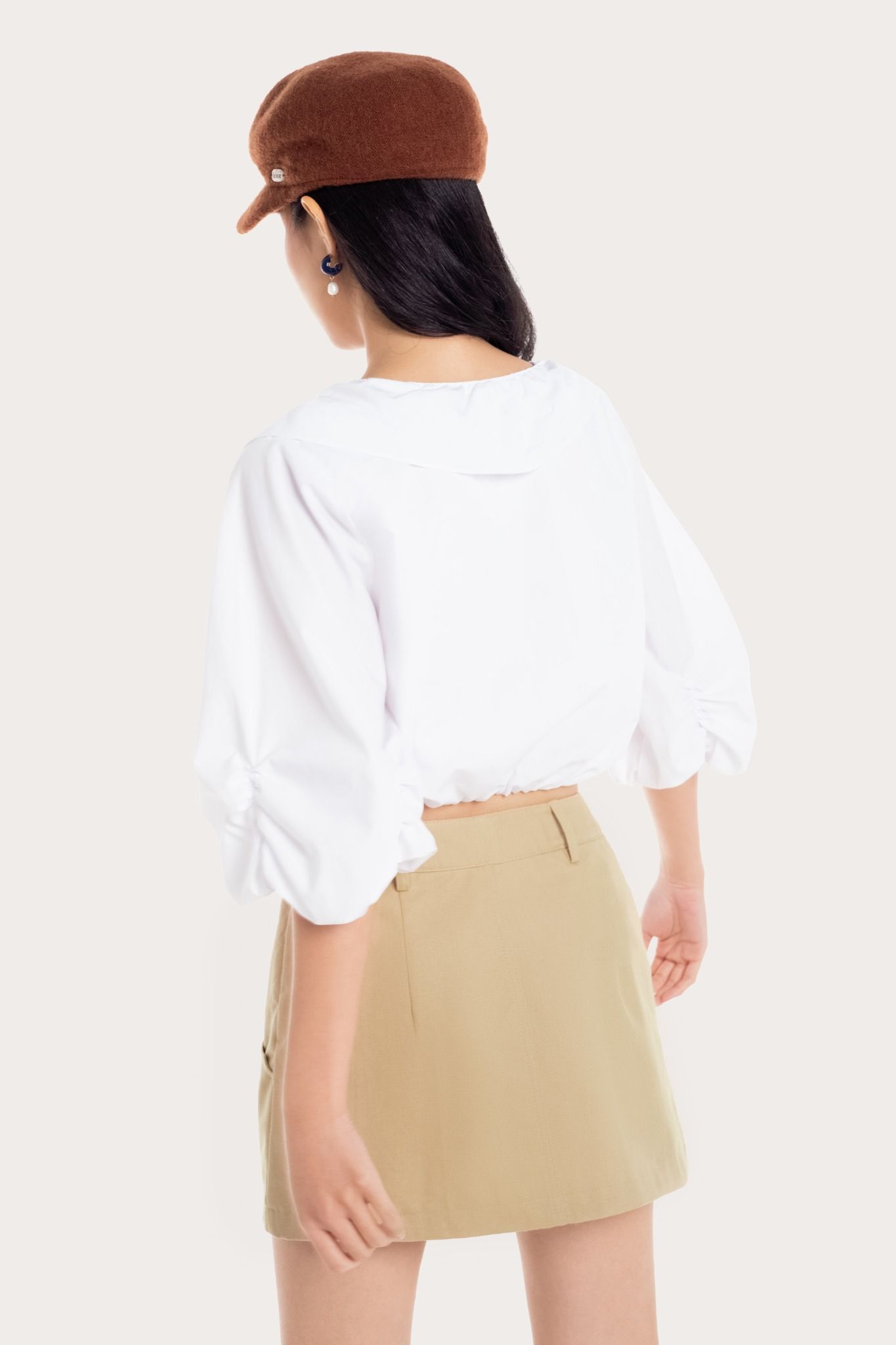  White Front Tied Ruched Sleeve Top 