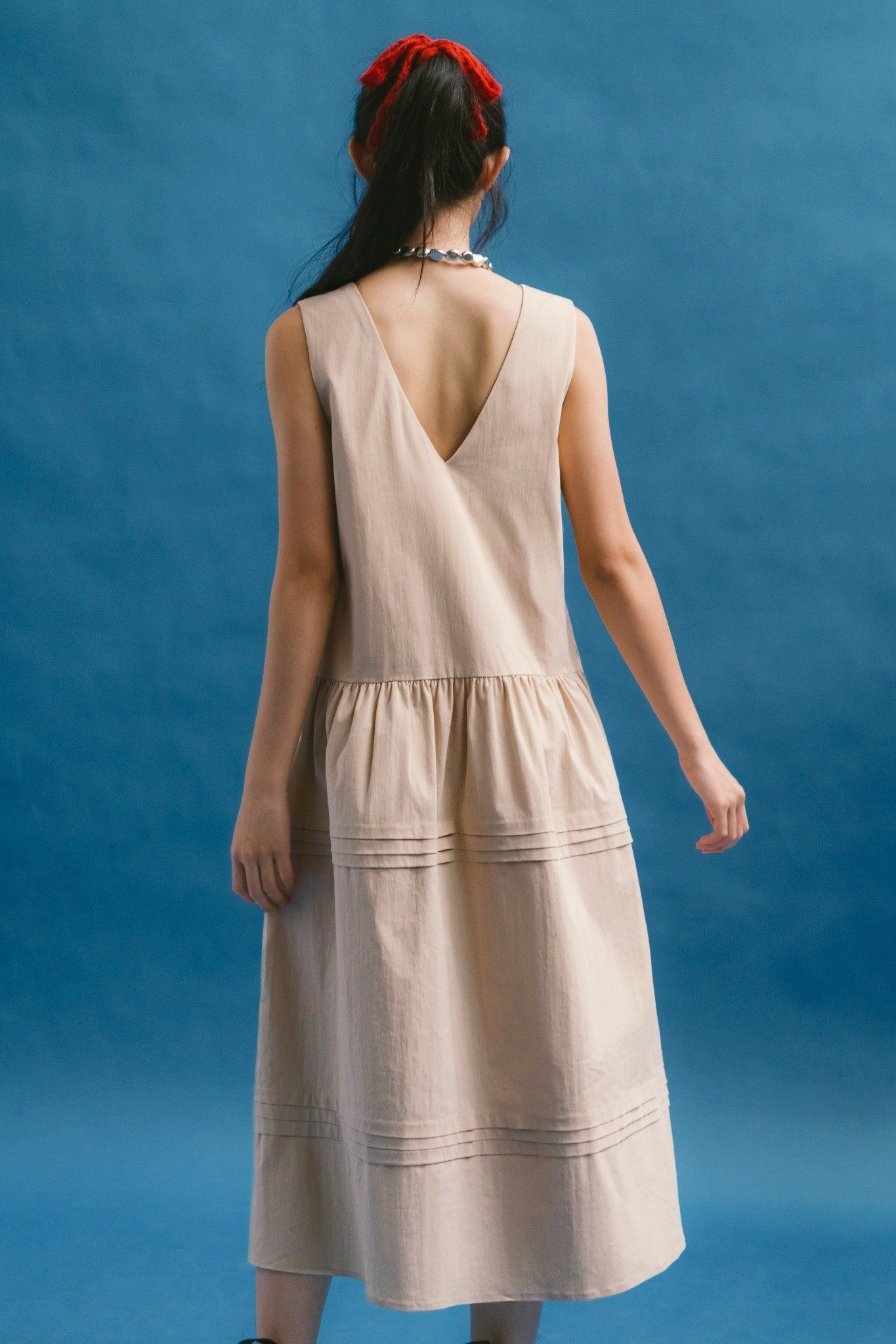  Beige V-neck Tiered Midi Dress 