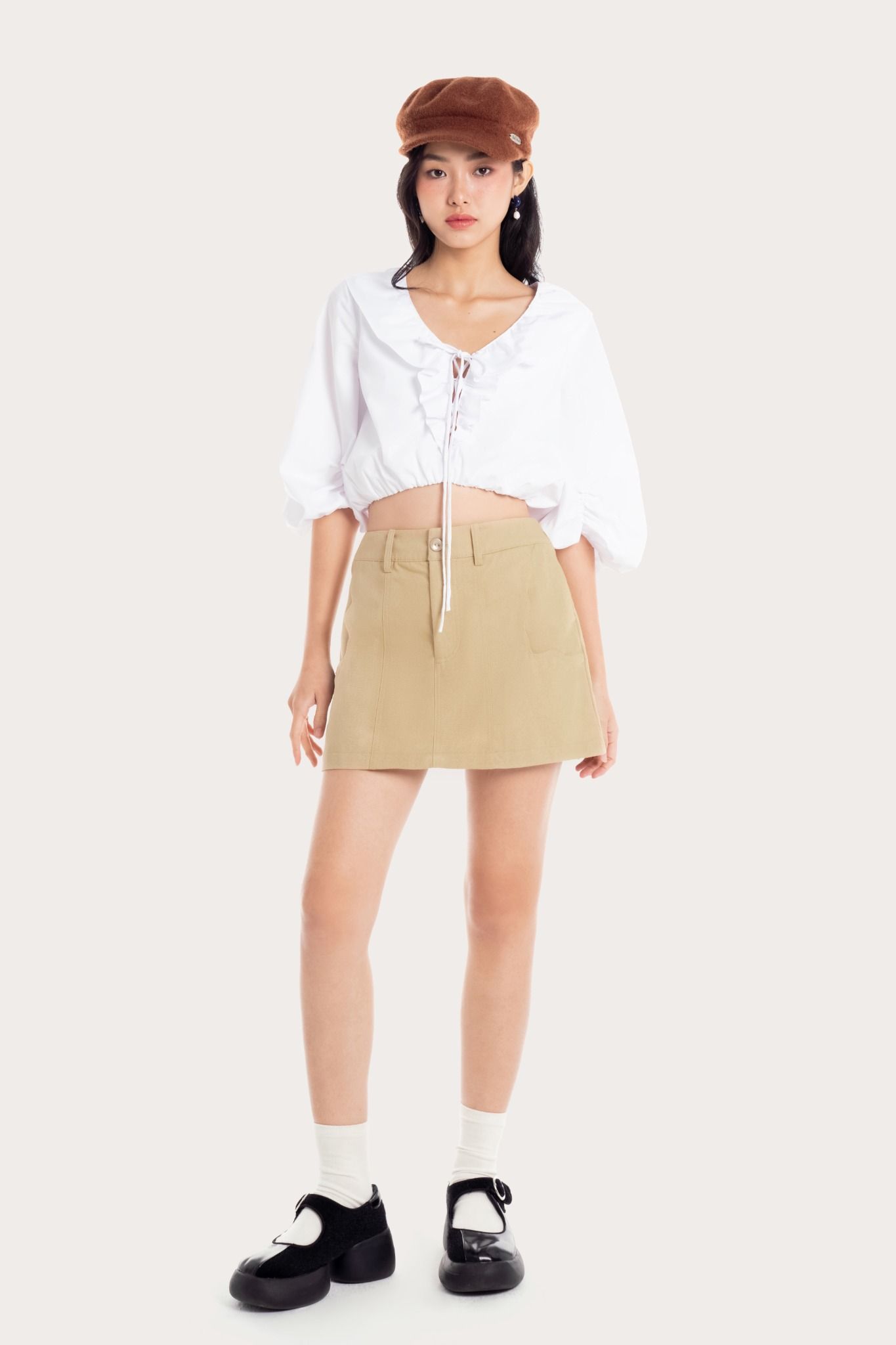  White Front Tied Ruched Sleeve Top 