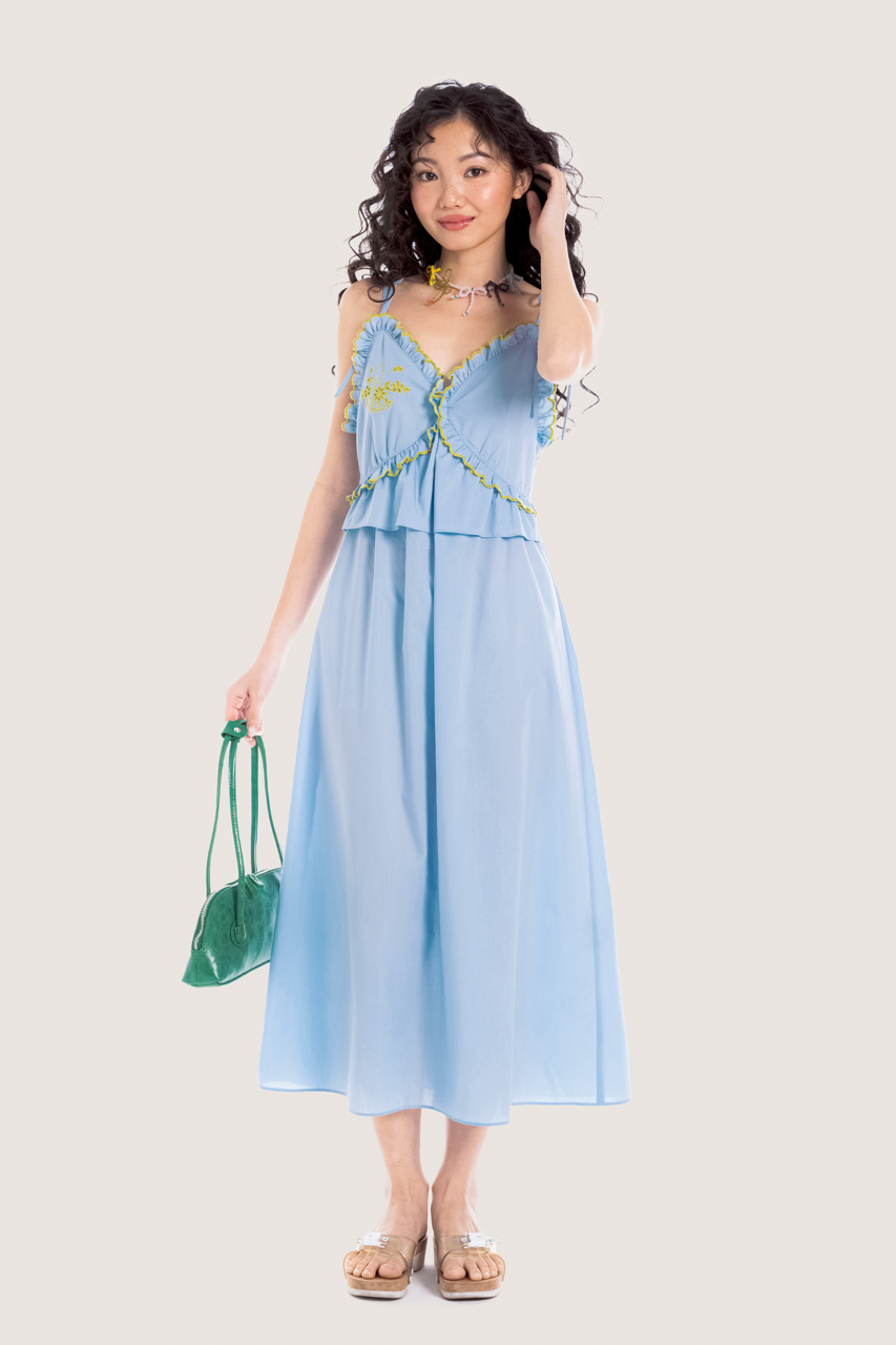  Rattan Basket Blue Embroidered Midi Dress 
