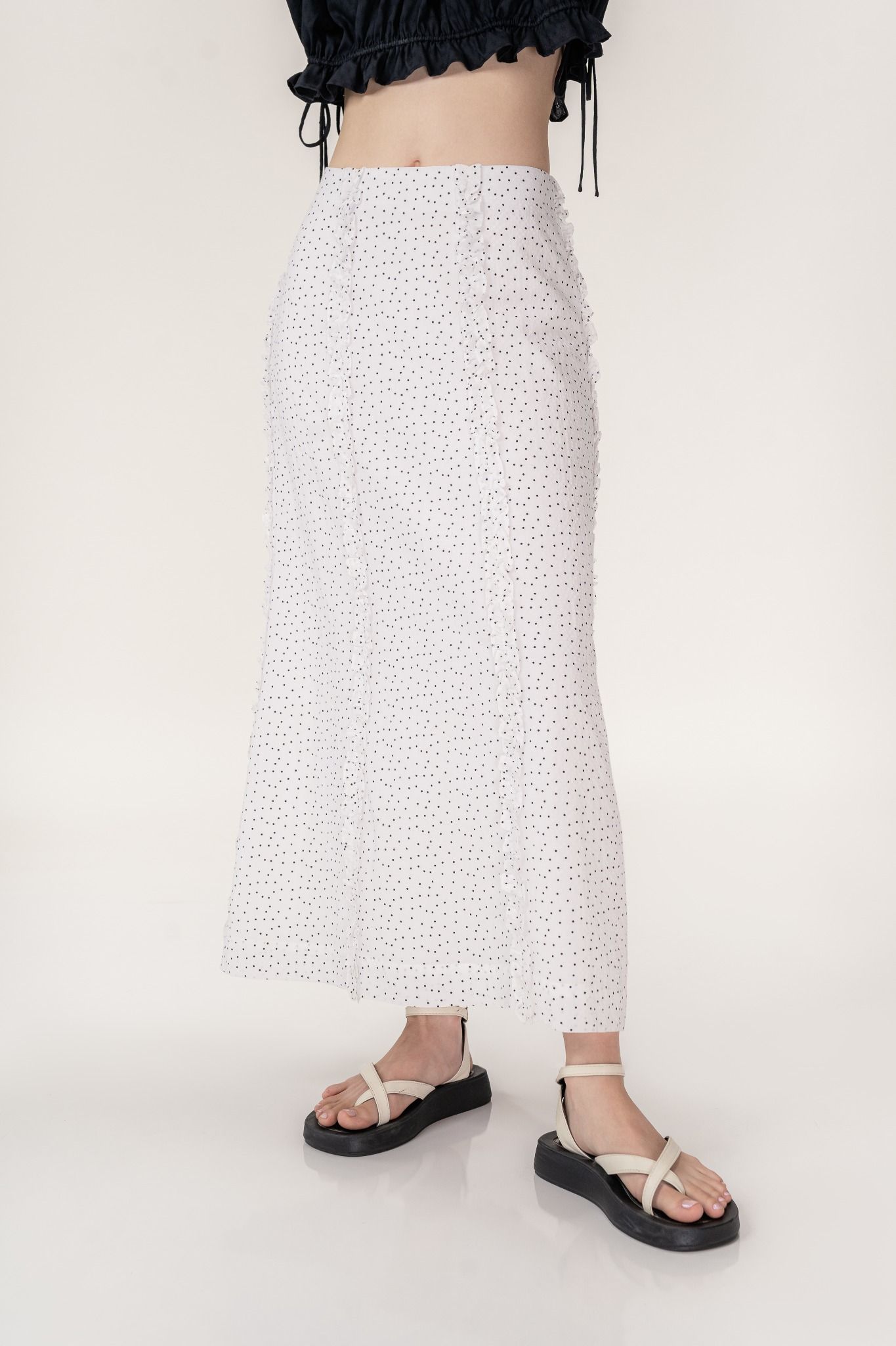  Polka Dot Ruffle Midi Skirt 