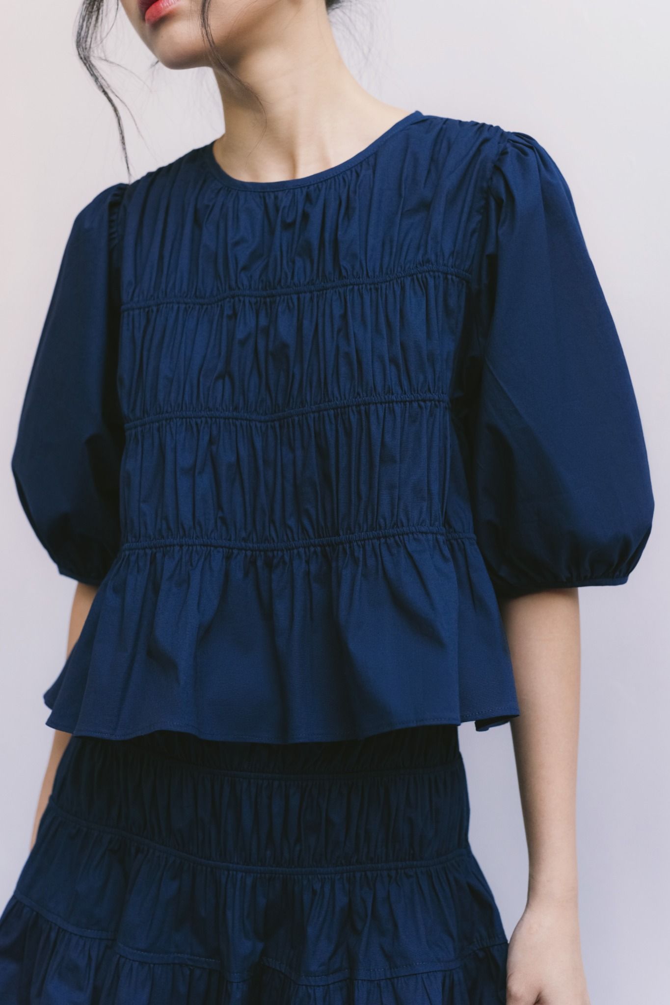  Navy Puff Sleeve Smock Top 