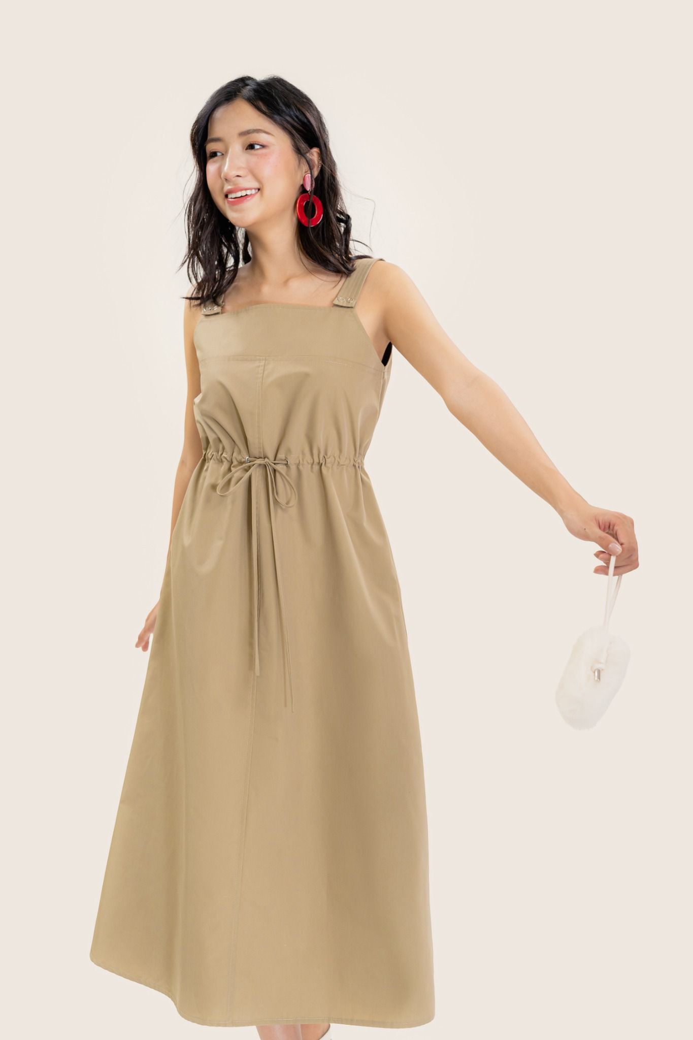  Beige Ruched Midi Dress 