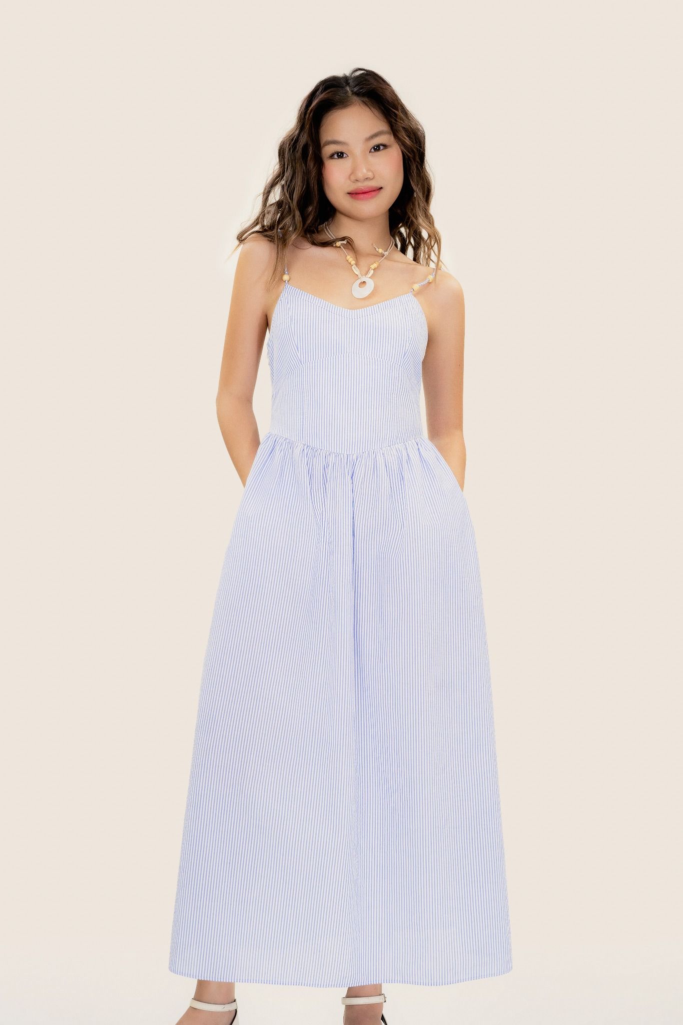  Light Blue Striped Strappy Midi Dress 