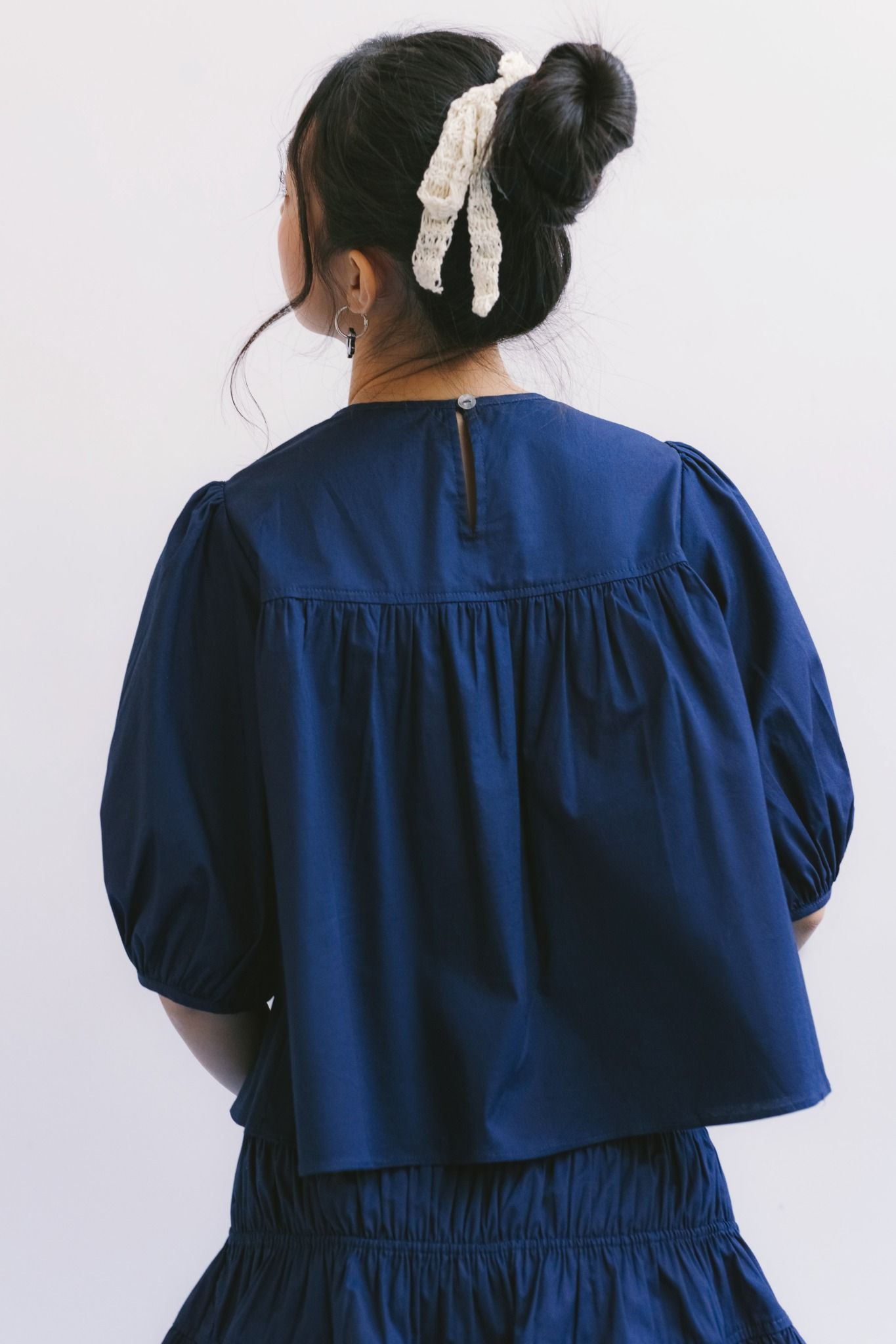  Navy Puff Sleeve Smock Top 