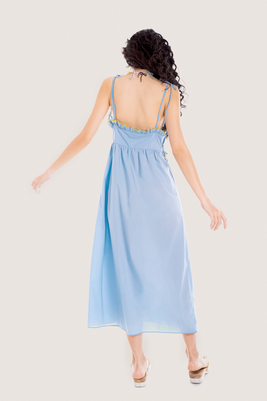  Rattan Basket Blue Embroidered Midi Dress 