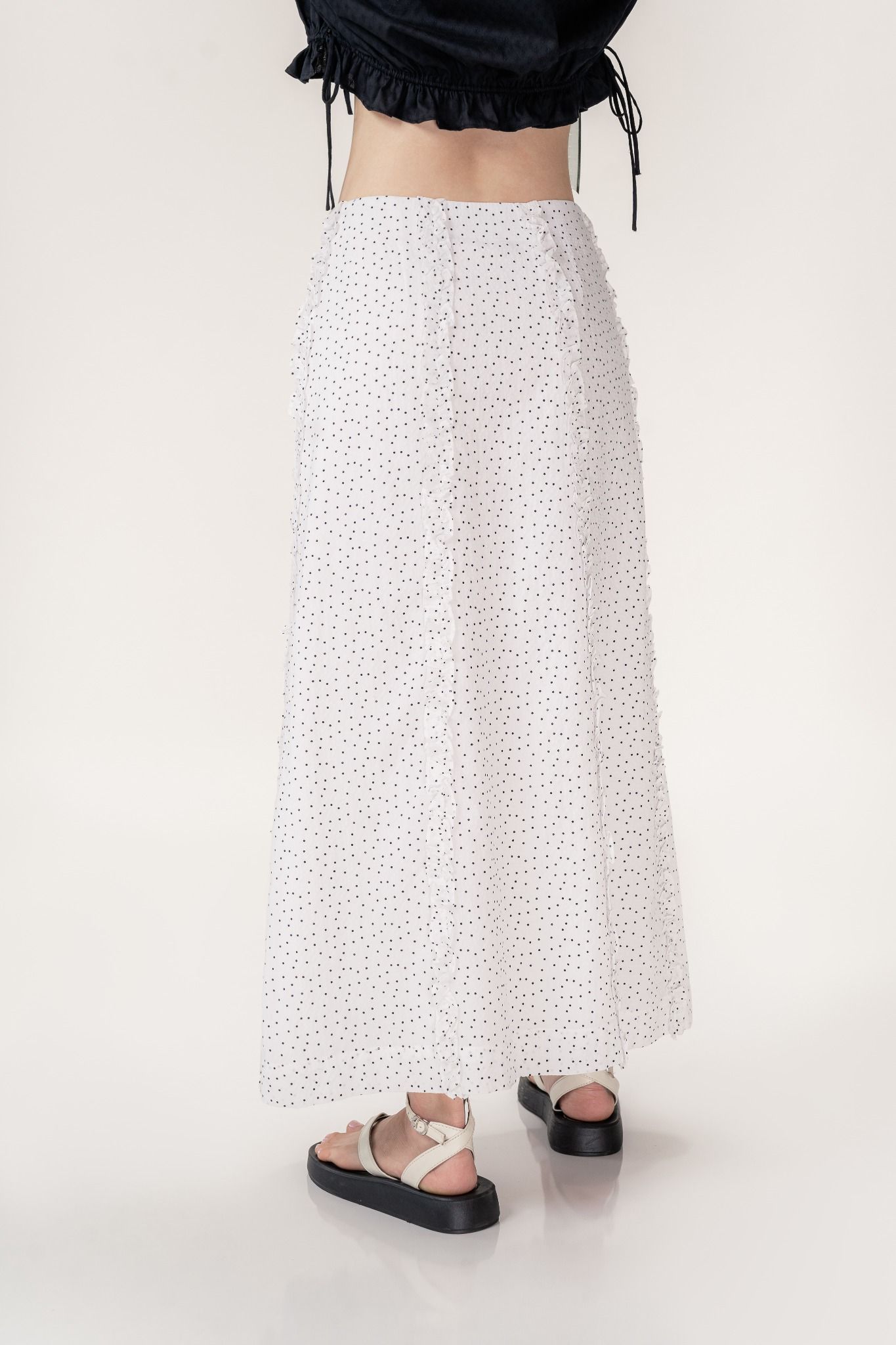  Polka Dot Ruffle Midi Skirt 