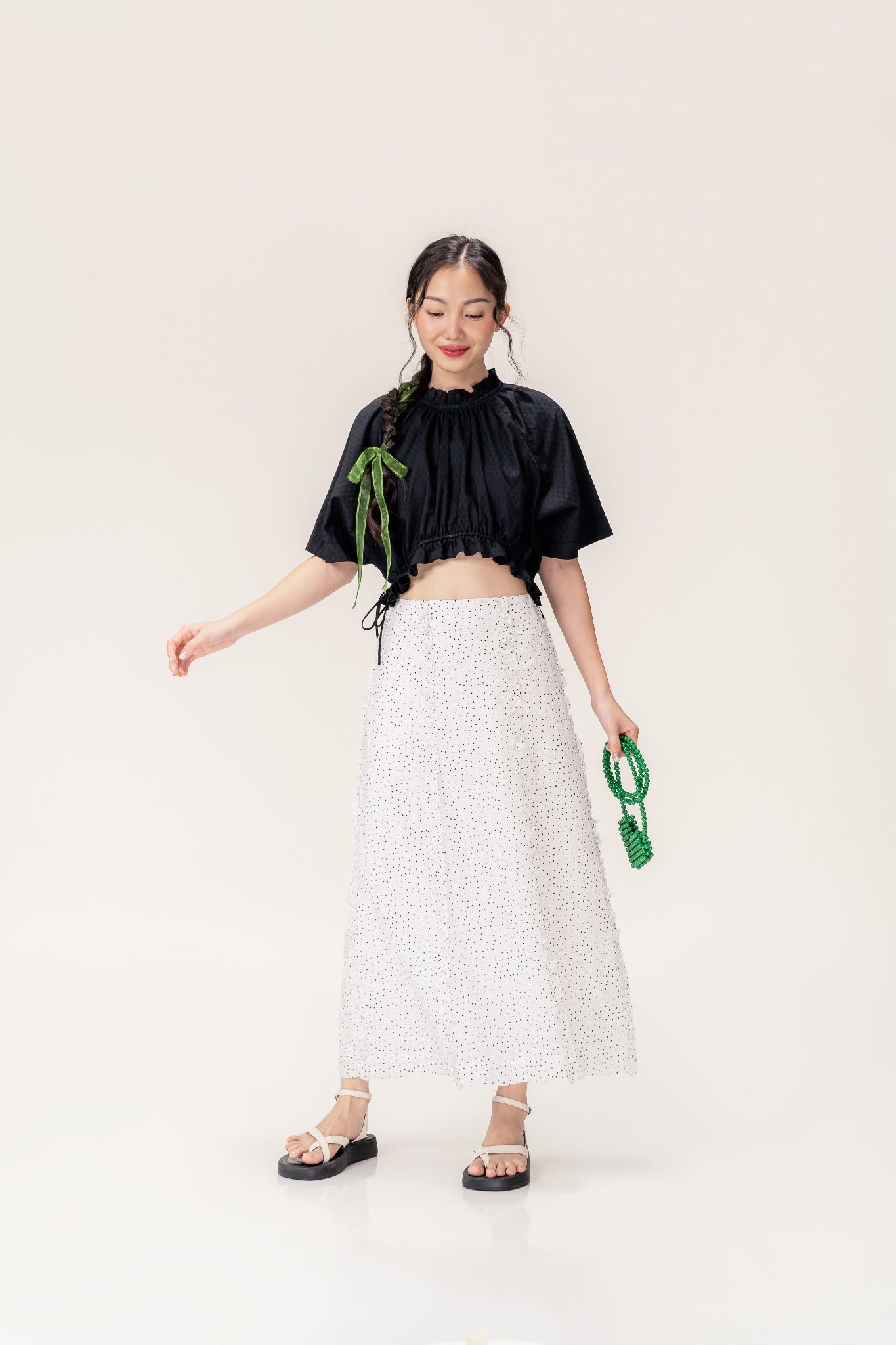  Polka Dot Ruffle Midi Skirt 