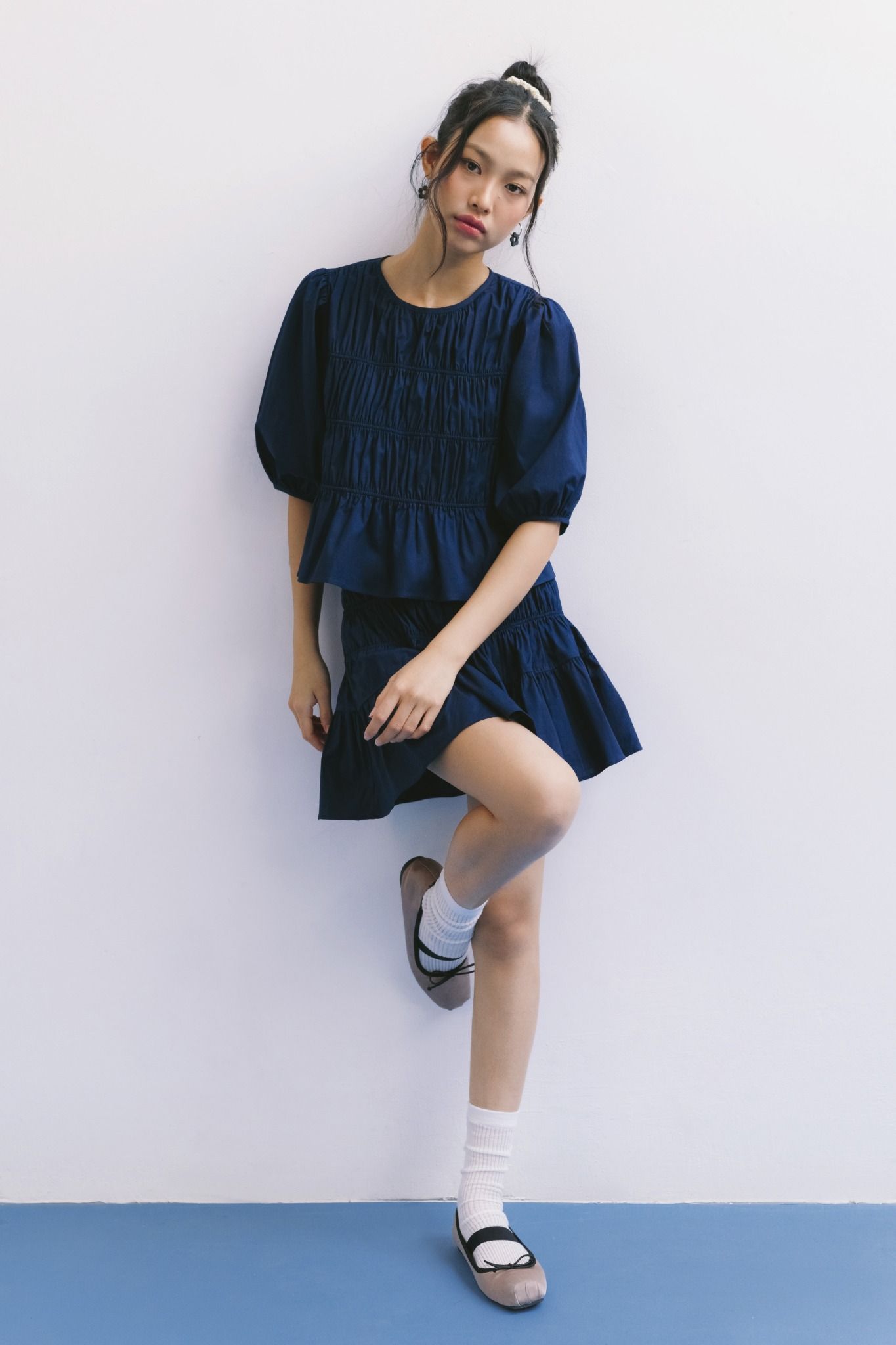  Navy Puff Sleeve Smock Top 