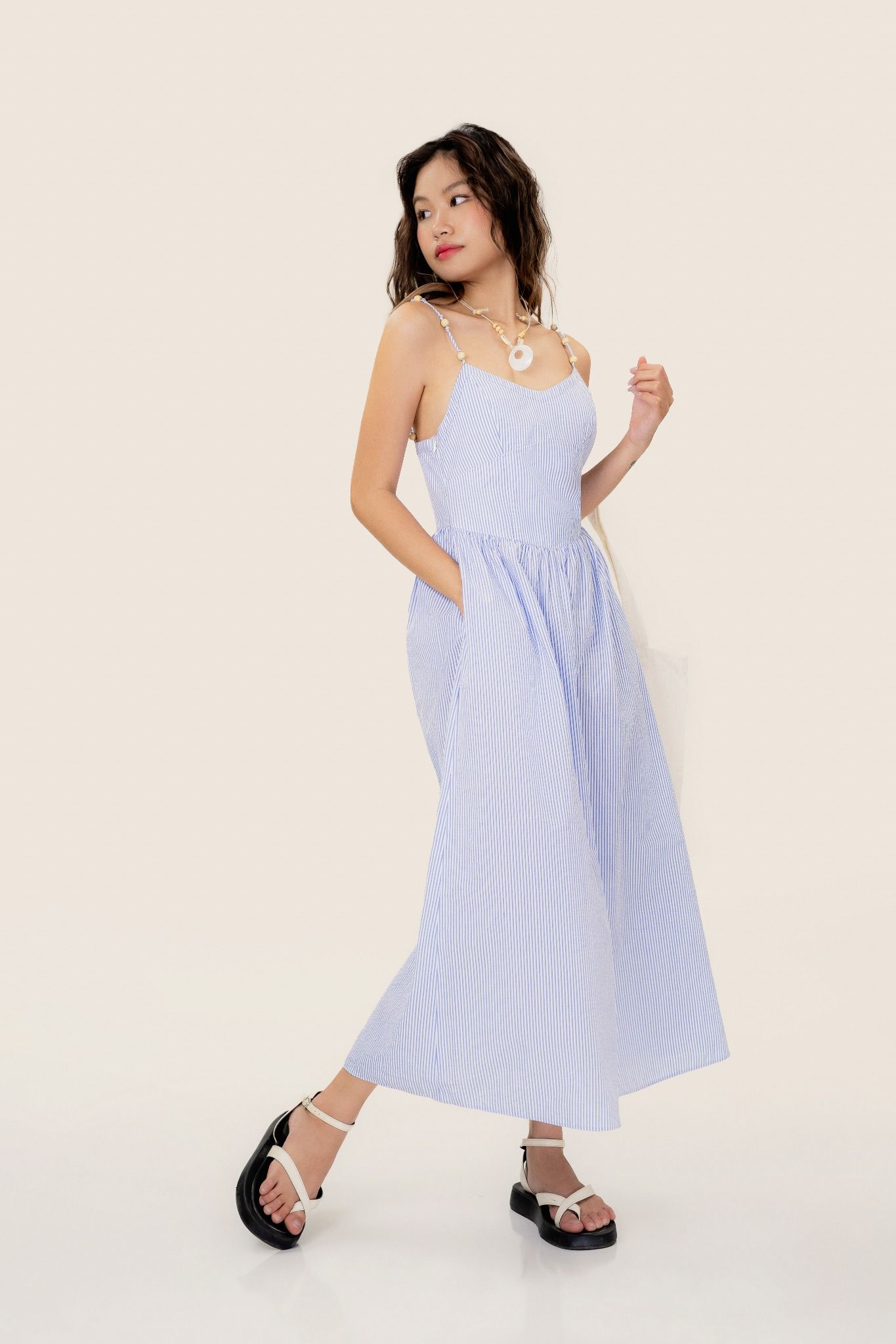  Light Blue Striped Strappy Midi Dress 