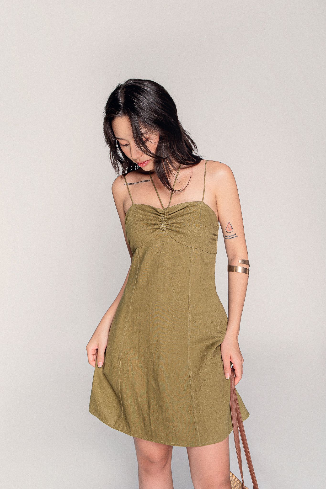  Olive Linen Cami Mini Dress 