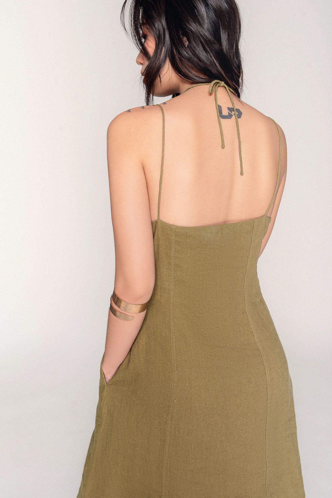  Olive Linen Cami Mini Dress 