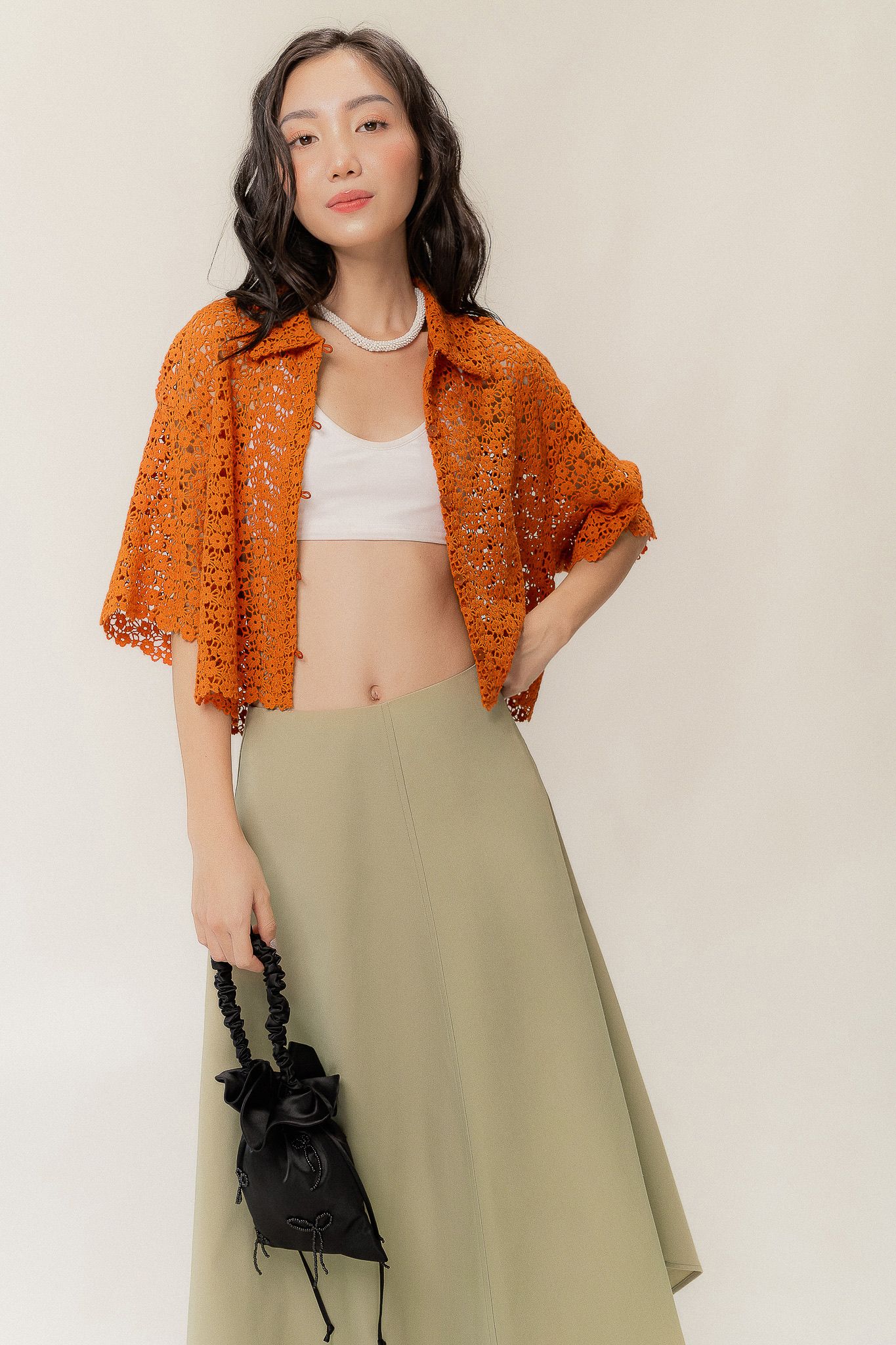  Tangerine Guipure Lace Short Sleeve Shirt 