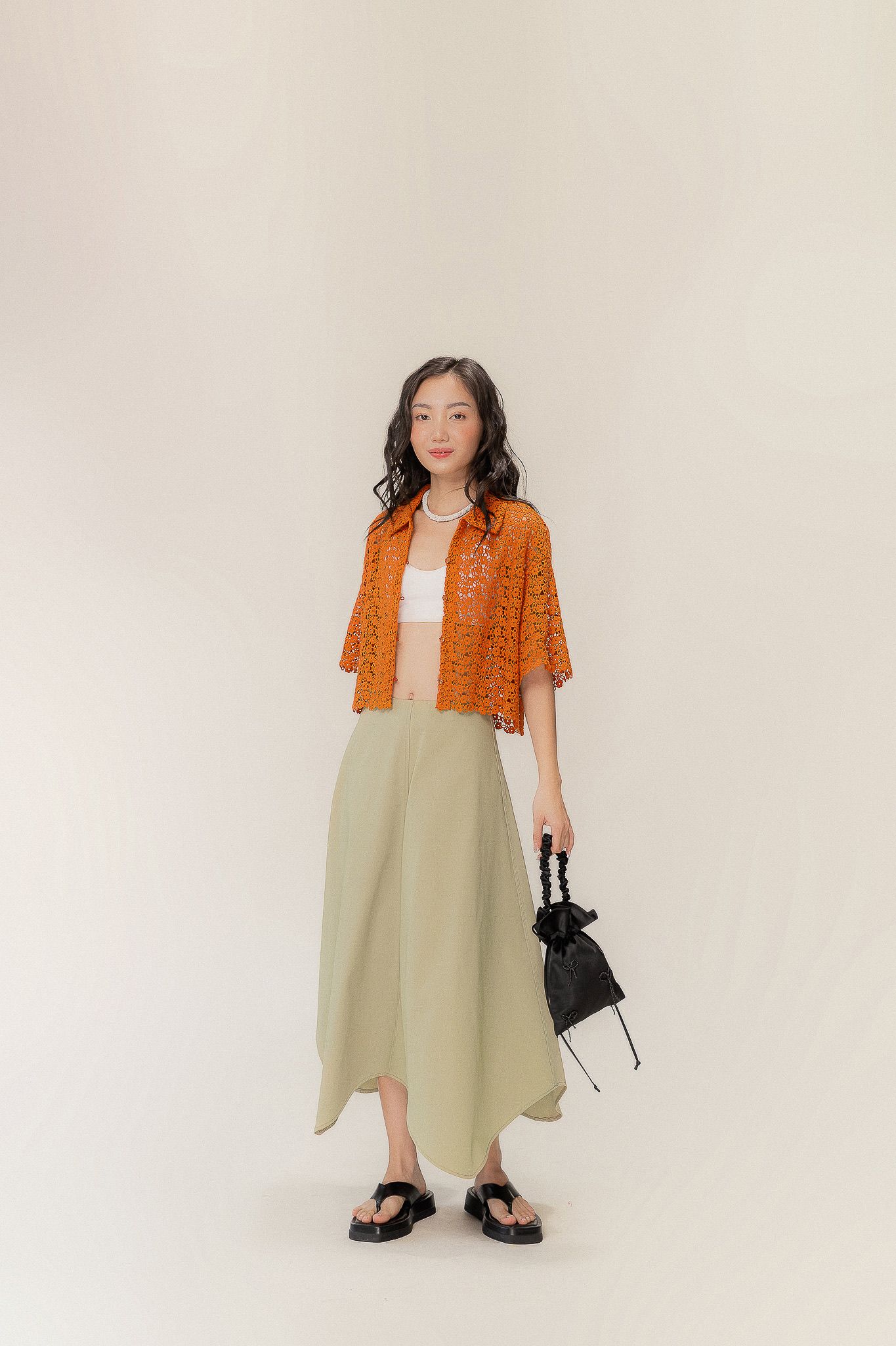  Tangerine Guipure Lace Short Sleeve Shirt 