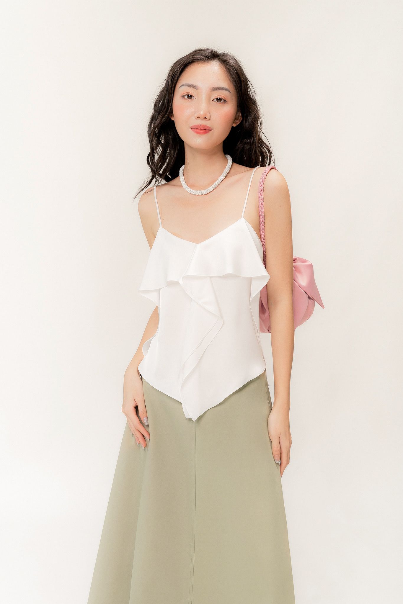  White Soft Ruffle Silk Camisole 