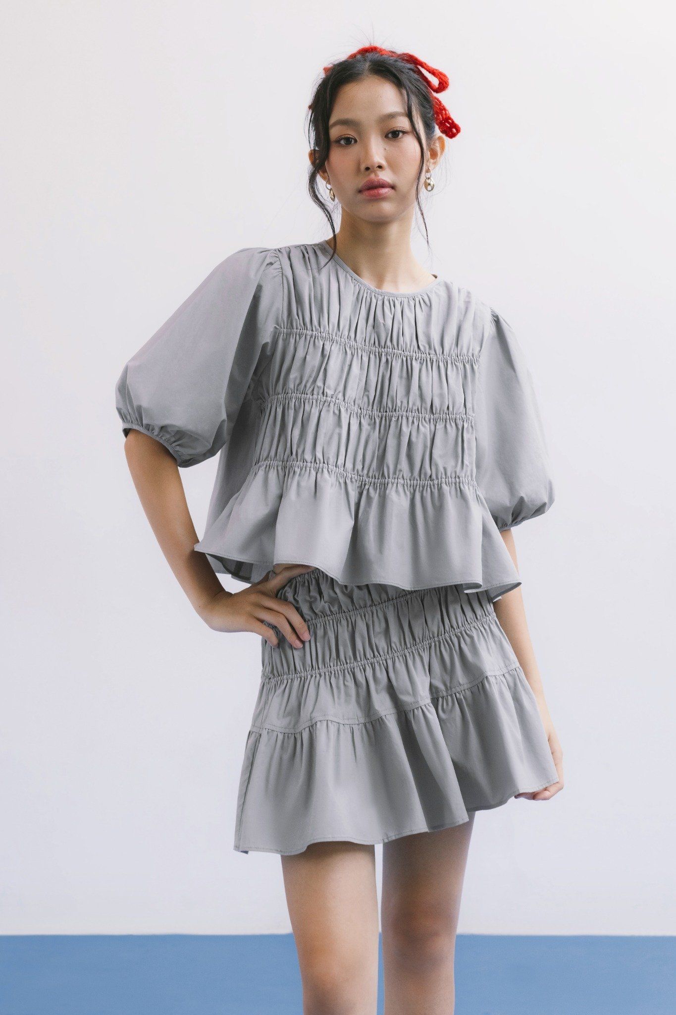  Grey Puff Sleeve Smock Top 