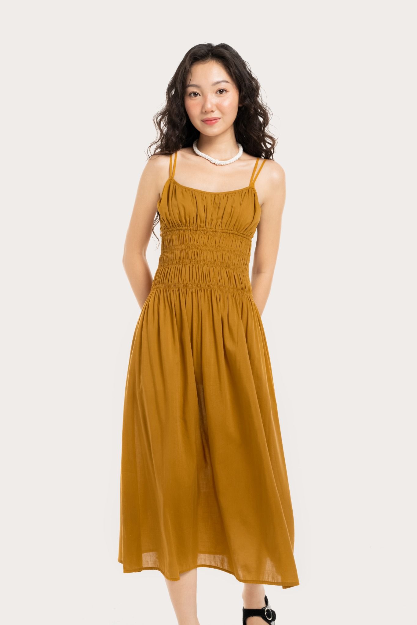  Turmeric Yellow Strappy Smock Midi Dress 