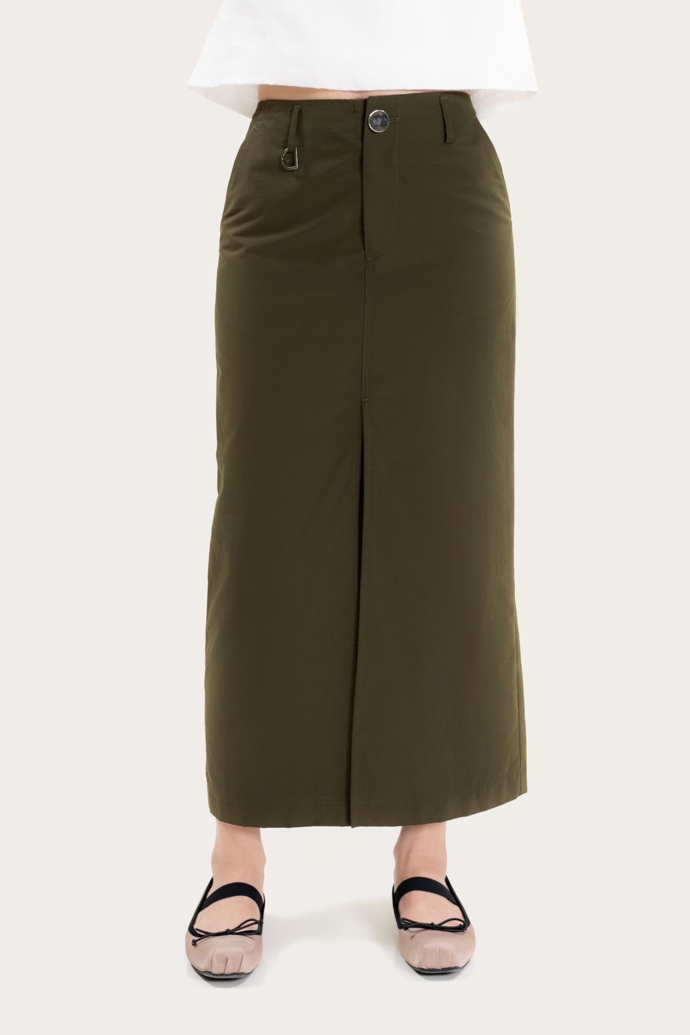  Dark Green Front-Slit Parachute Midi Skirt 