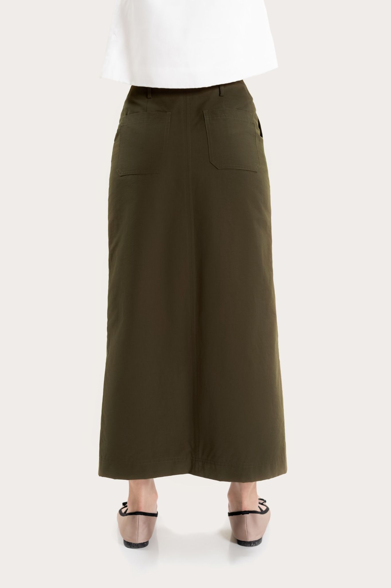  Dark Green Front-Slit Parachute Midi Skirt 