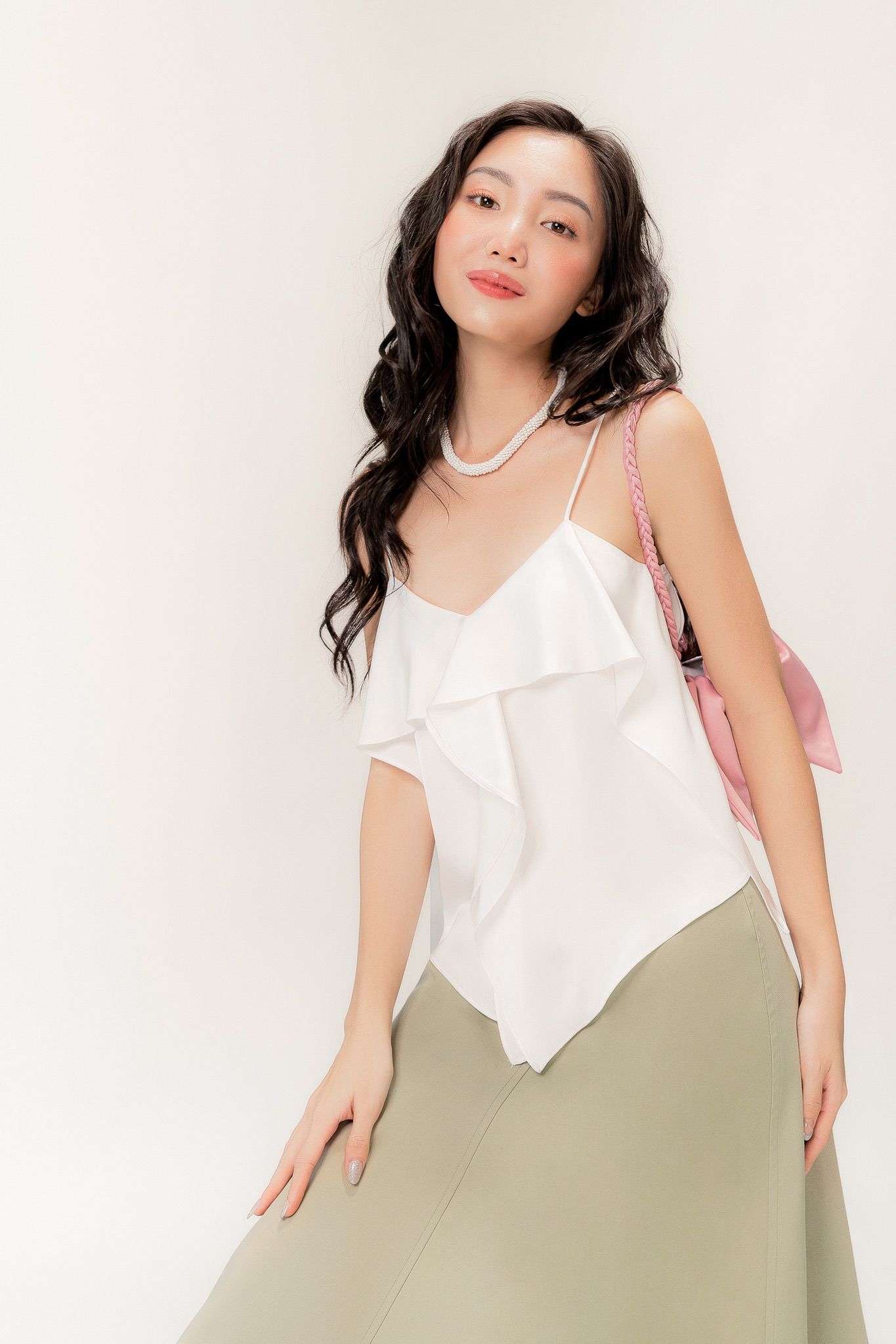  White Soft Ruffle Silk Camisole 