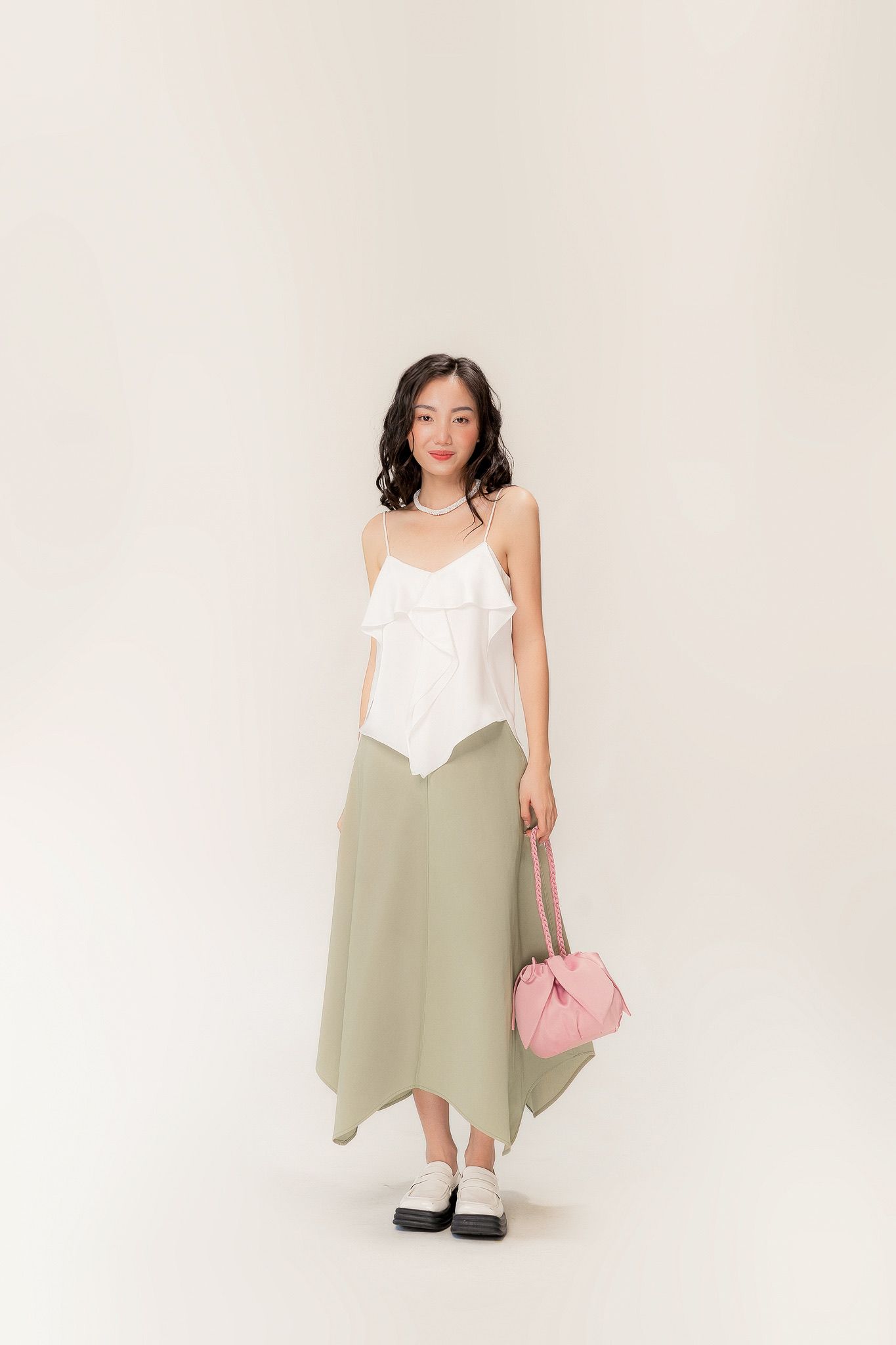  White Soft Ruffle Silk Camisole 