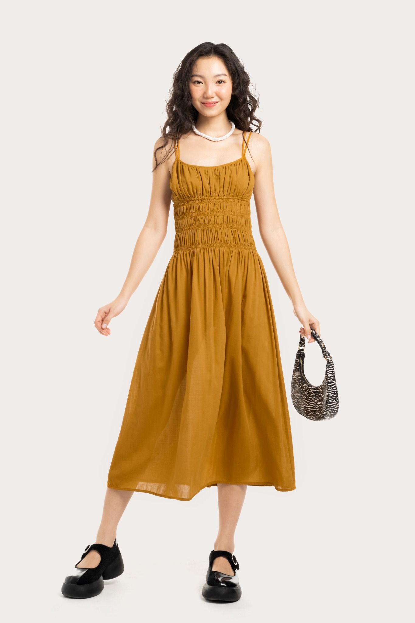  Turmeric Yellow Strappy Smock Midi Dress 