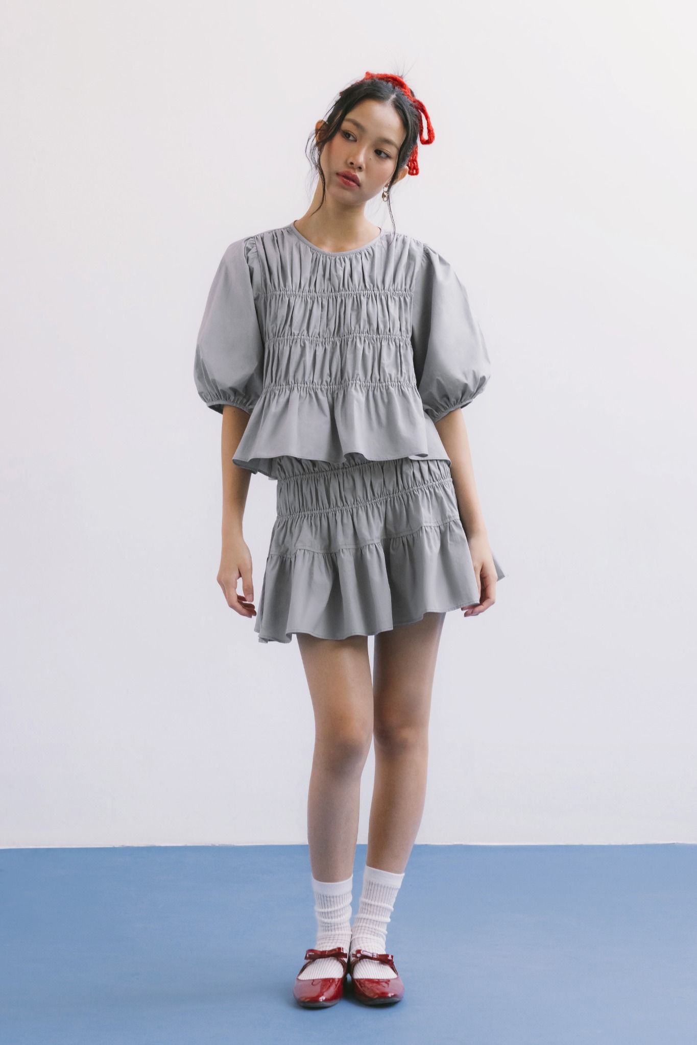  Grey Puff Sleeve Smock Top 