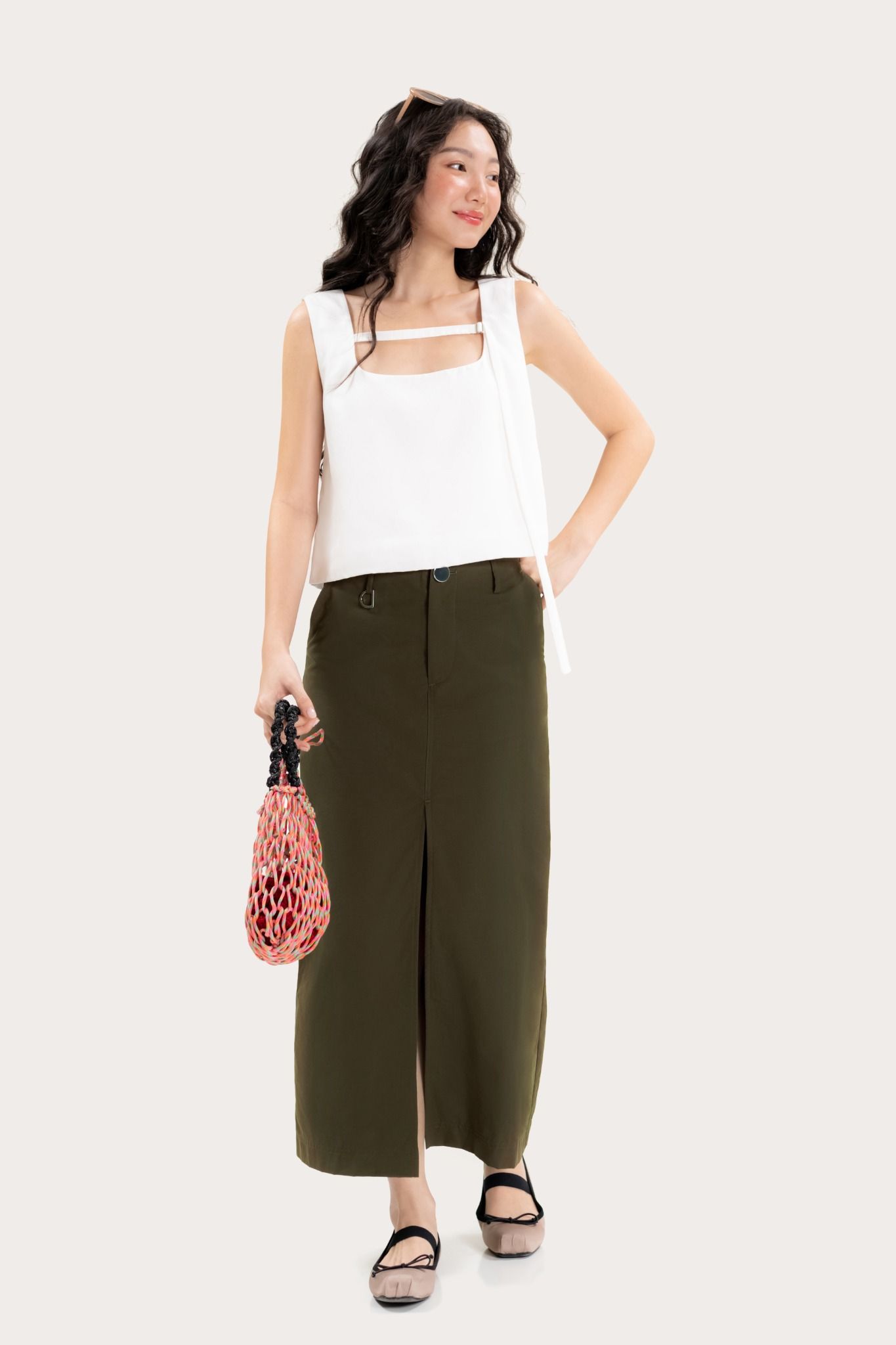  Dark Green Front-Slit Parachute Midi Skirt 