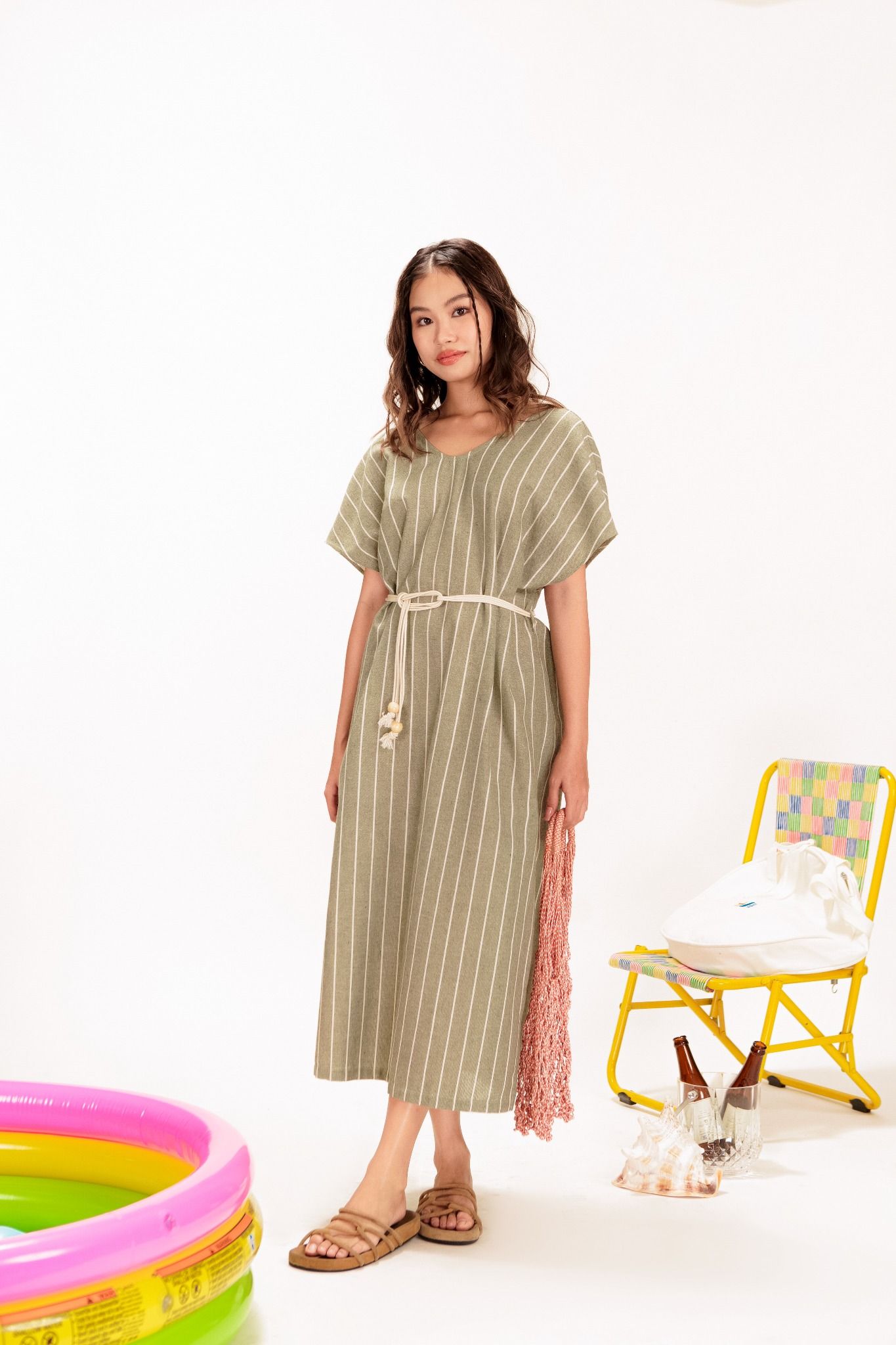  Palm Tie Belt V-neck Linen Dress 