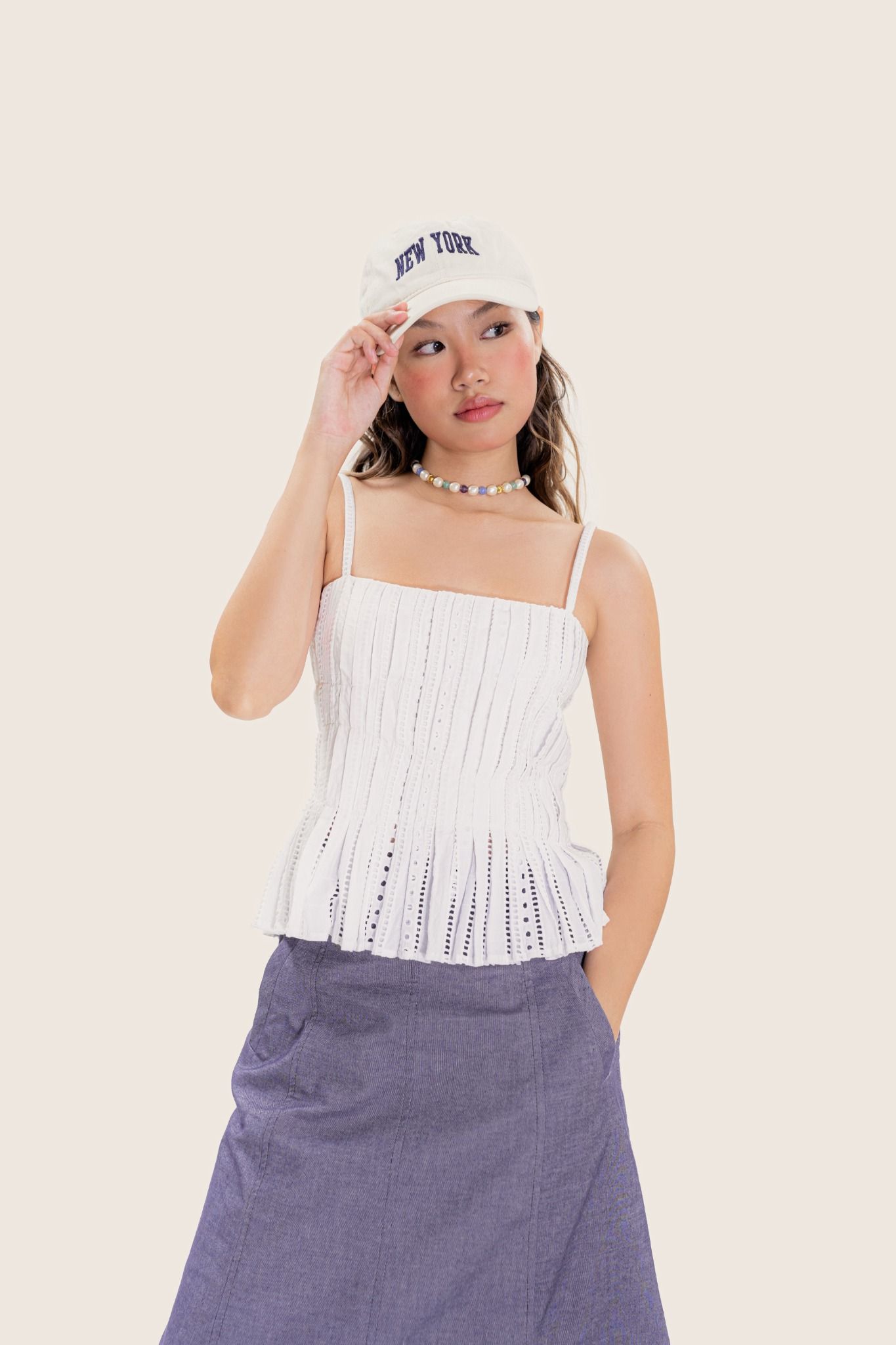  White Embroidered Pleated Camisole 