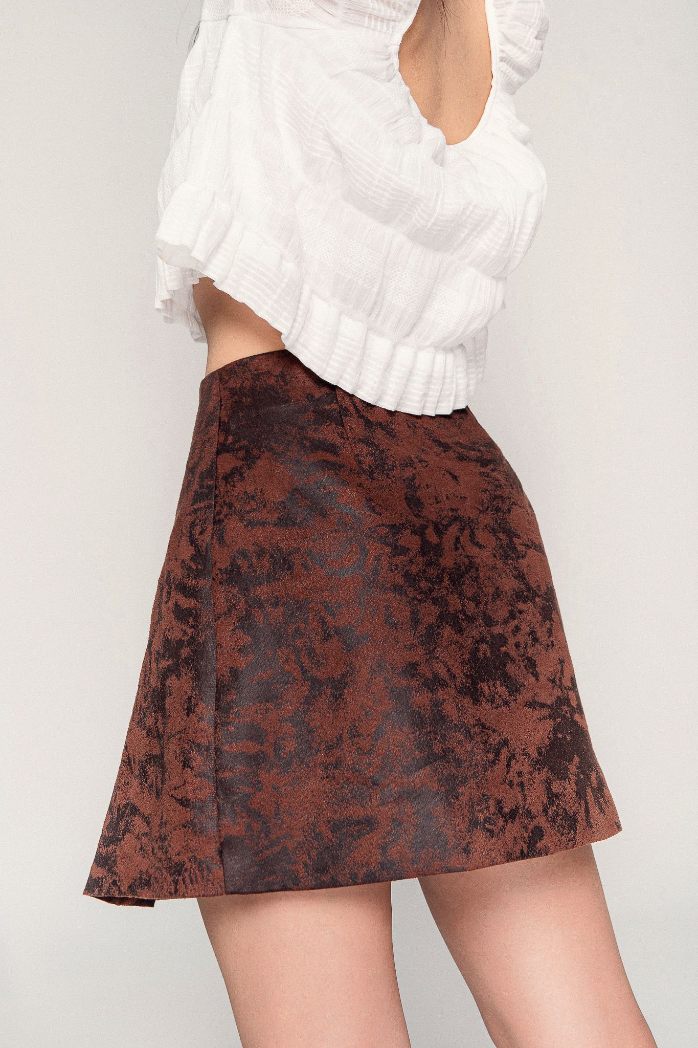  Brown Pleated Faux Suede Skirt 