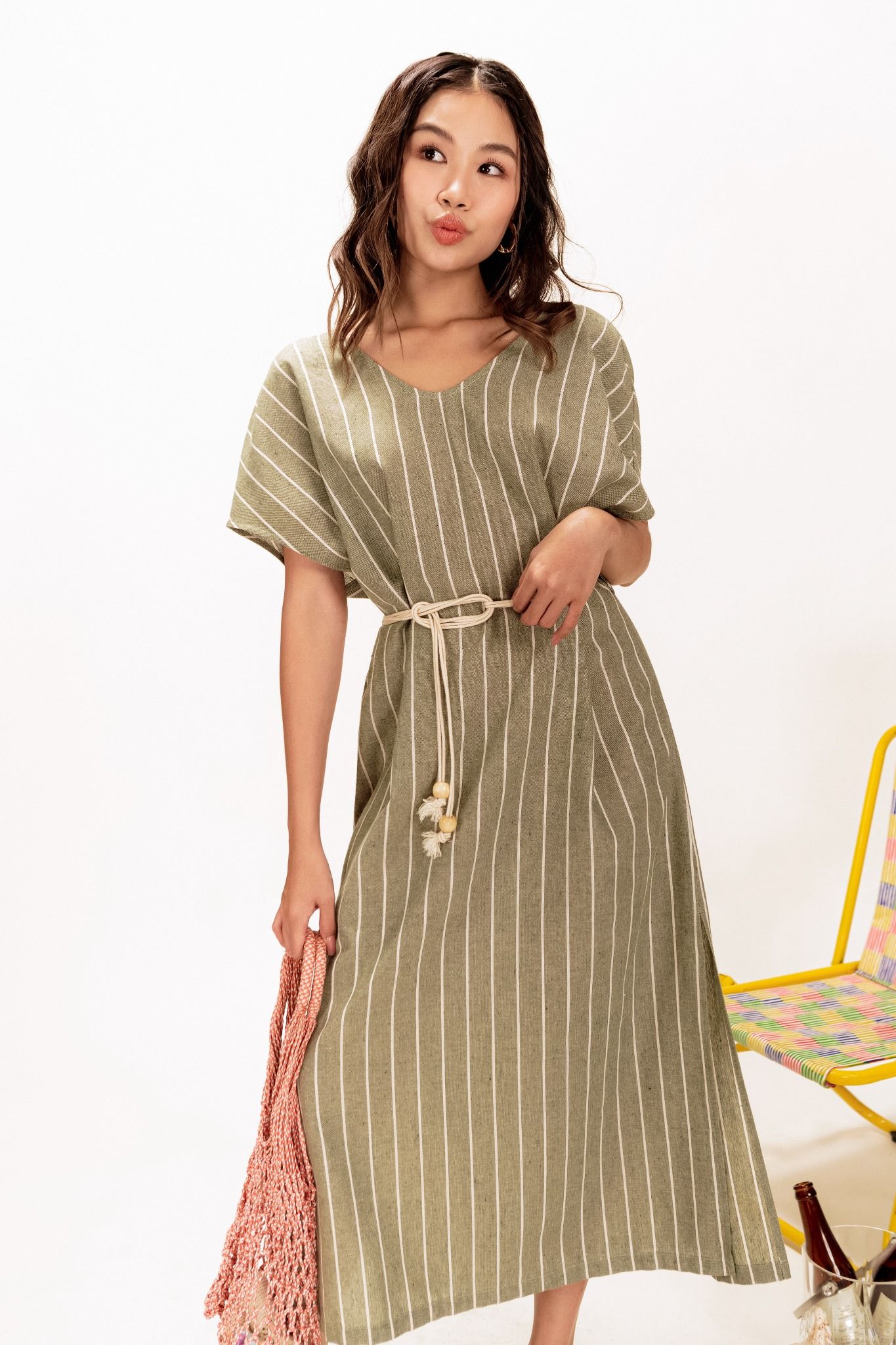  Palm Tie Belt V-neck Linen Dress 