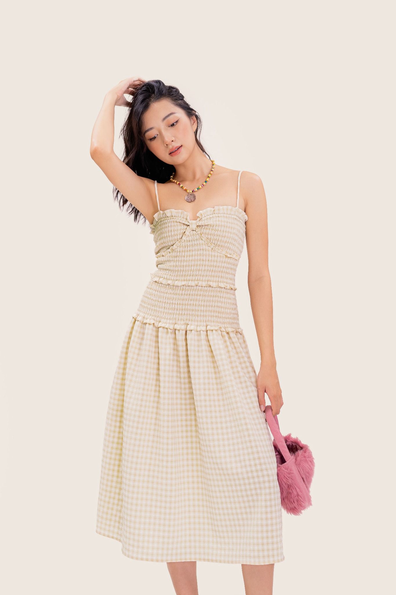  Beige Checked Smock Strappy Midi Dress 