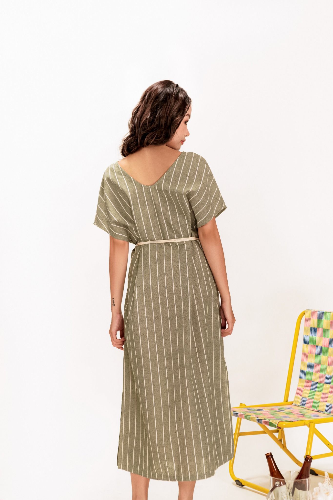  Palm Tie Belt V-neck Linen Dress 