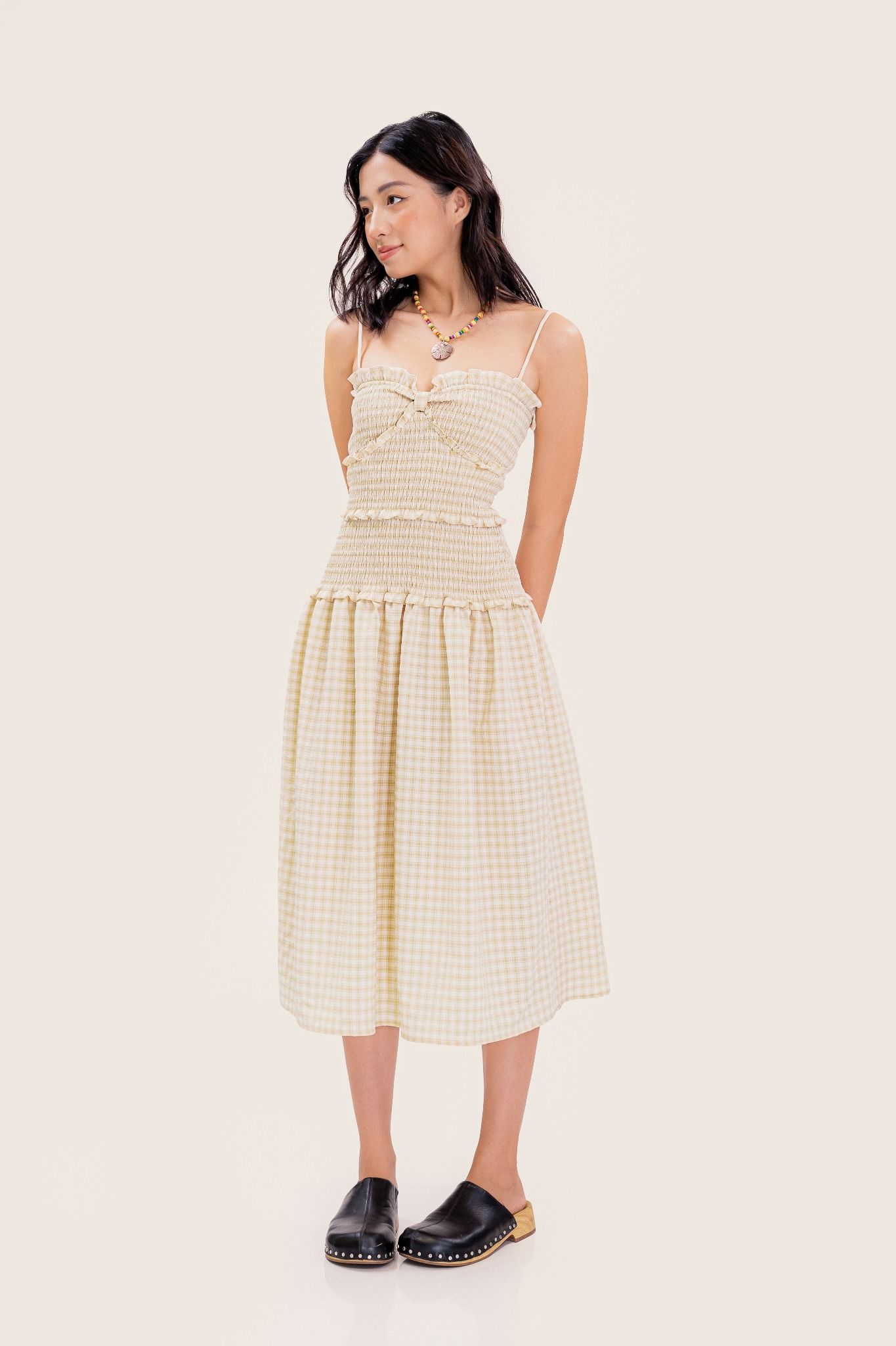  Beige Checked Smock Strappy Midi Dress 