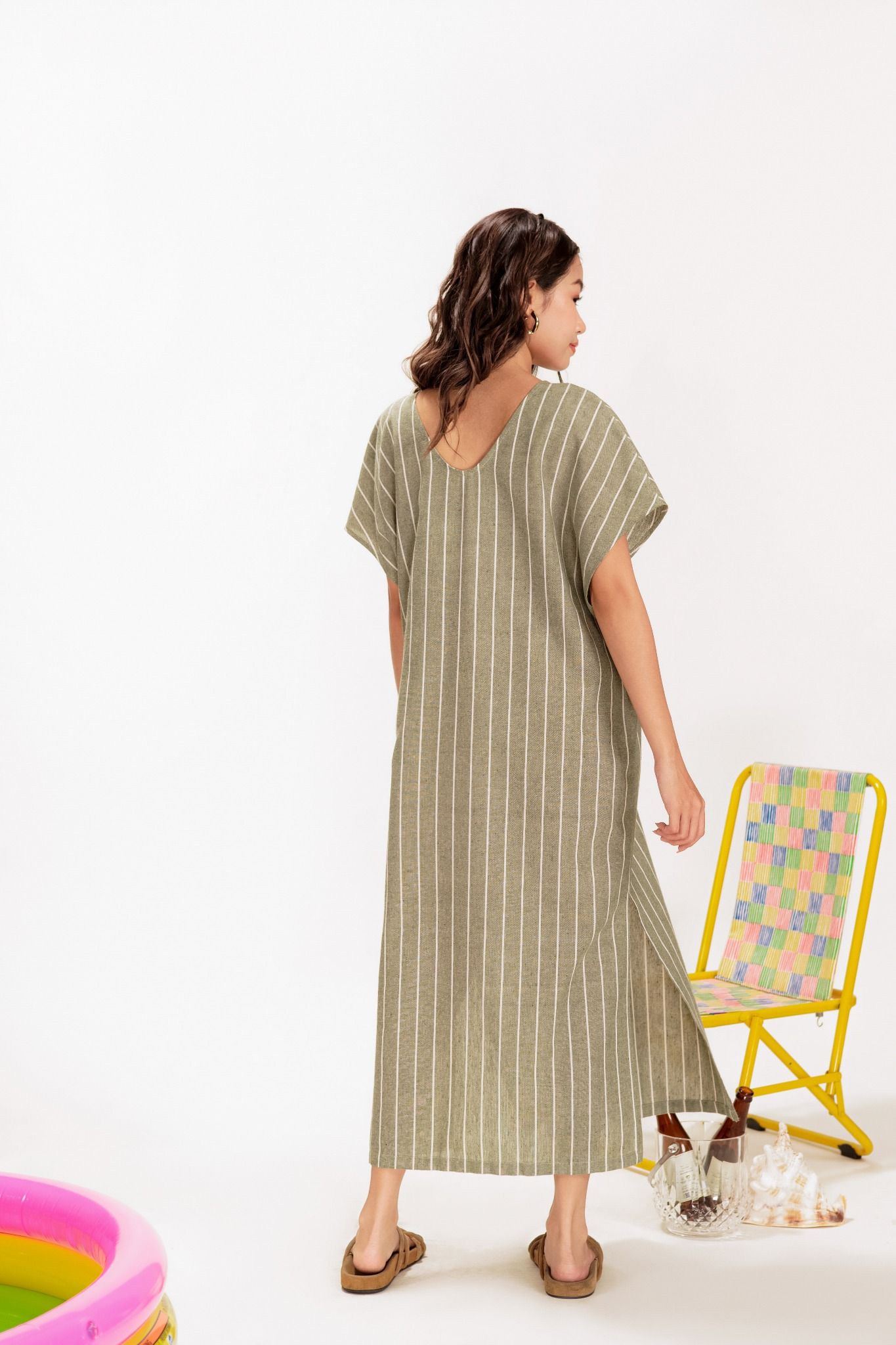  Palm Tie Belt V-neck Linen Dress 