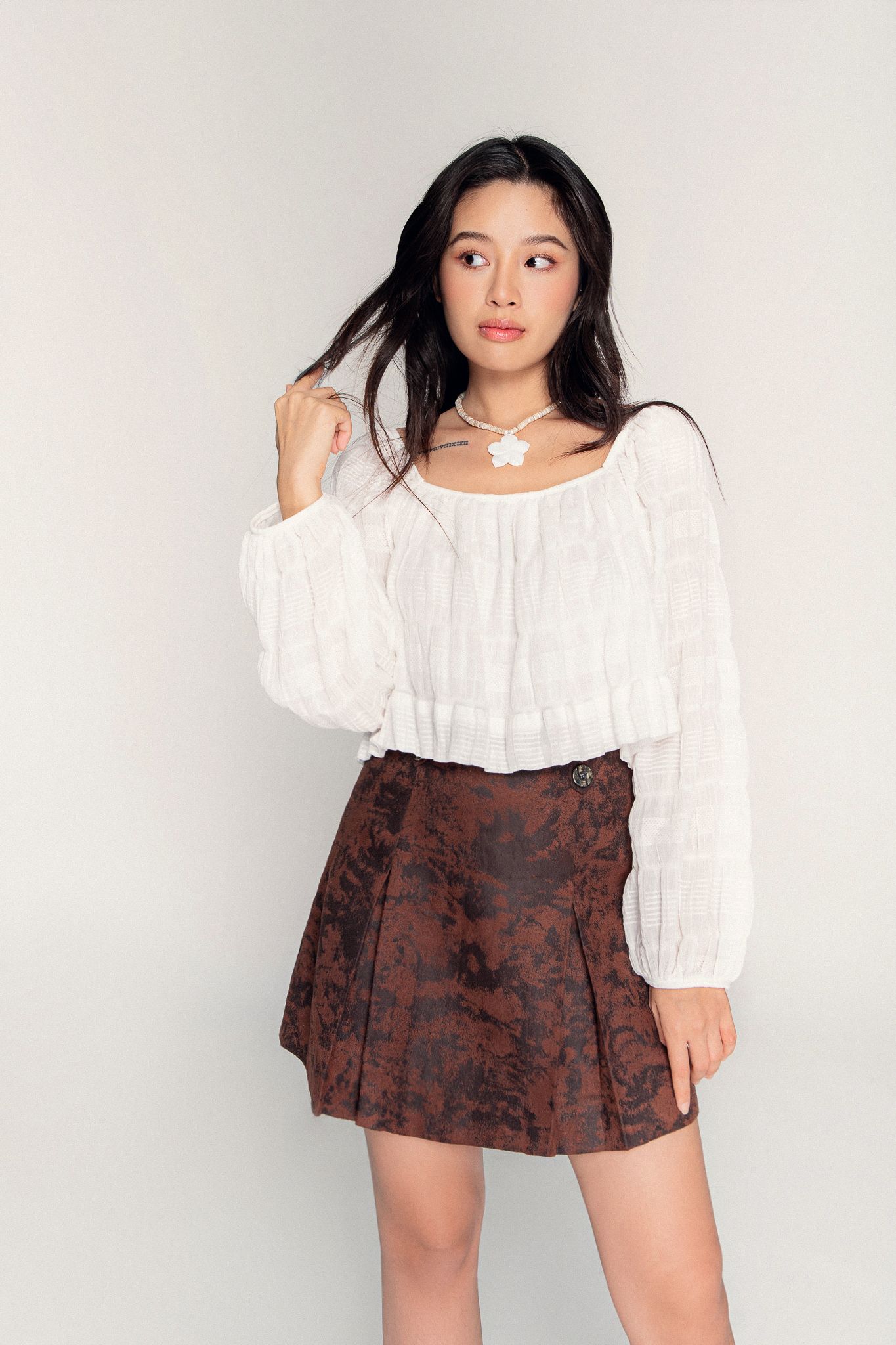  Brown Pleated Faux Suede Skirt 