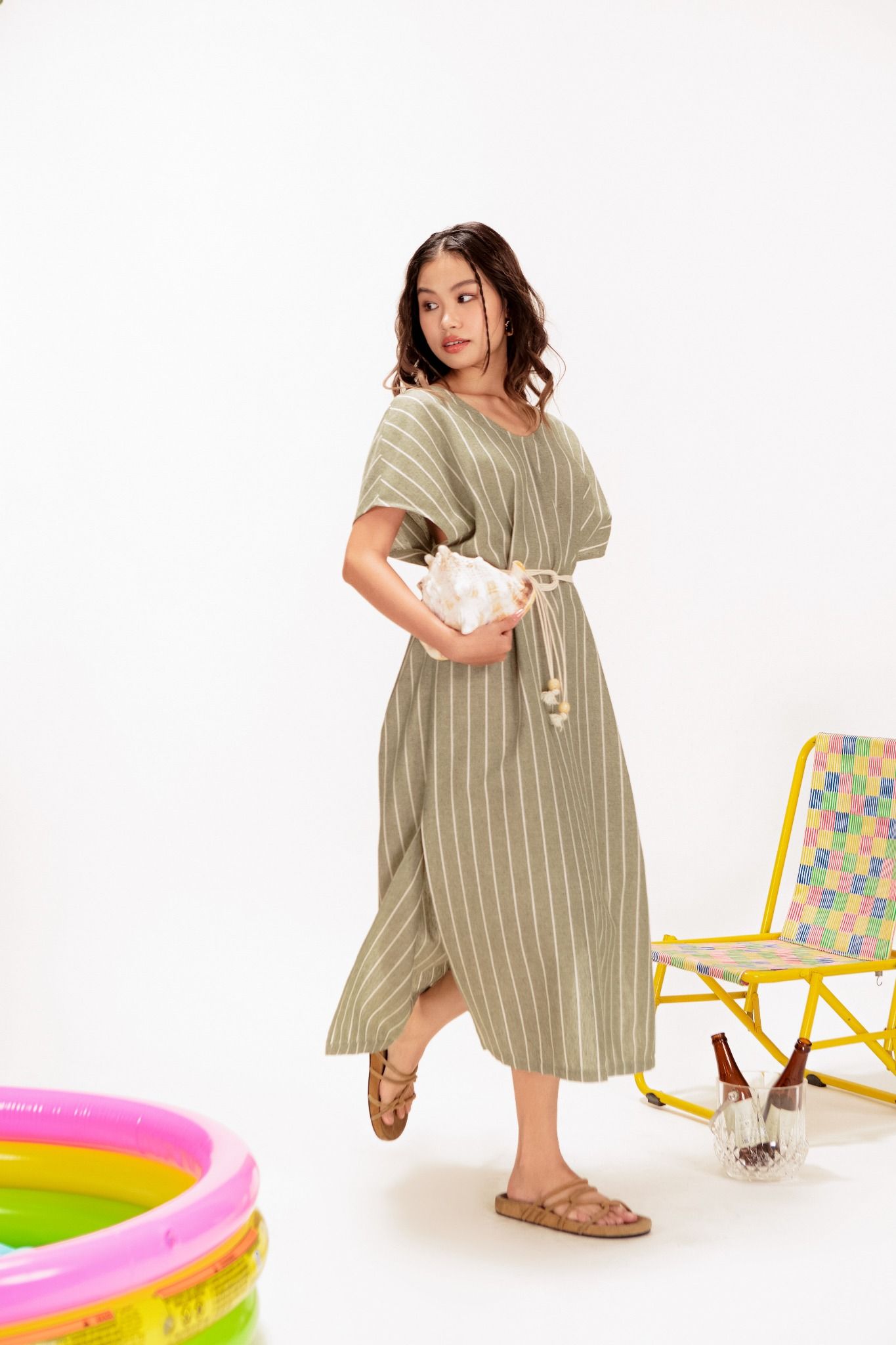  Palm Tie Belt V-neck Linen Dress 