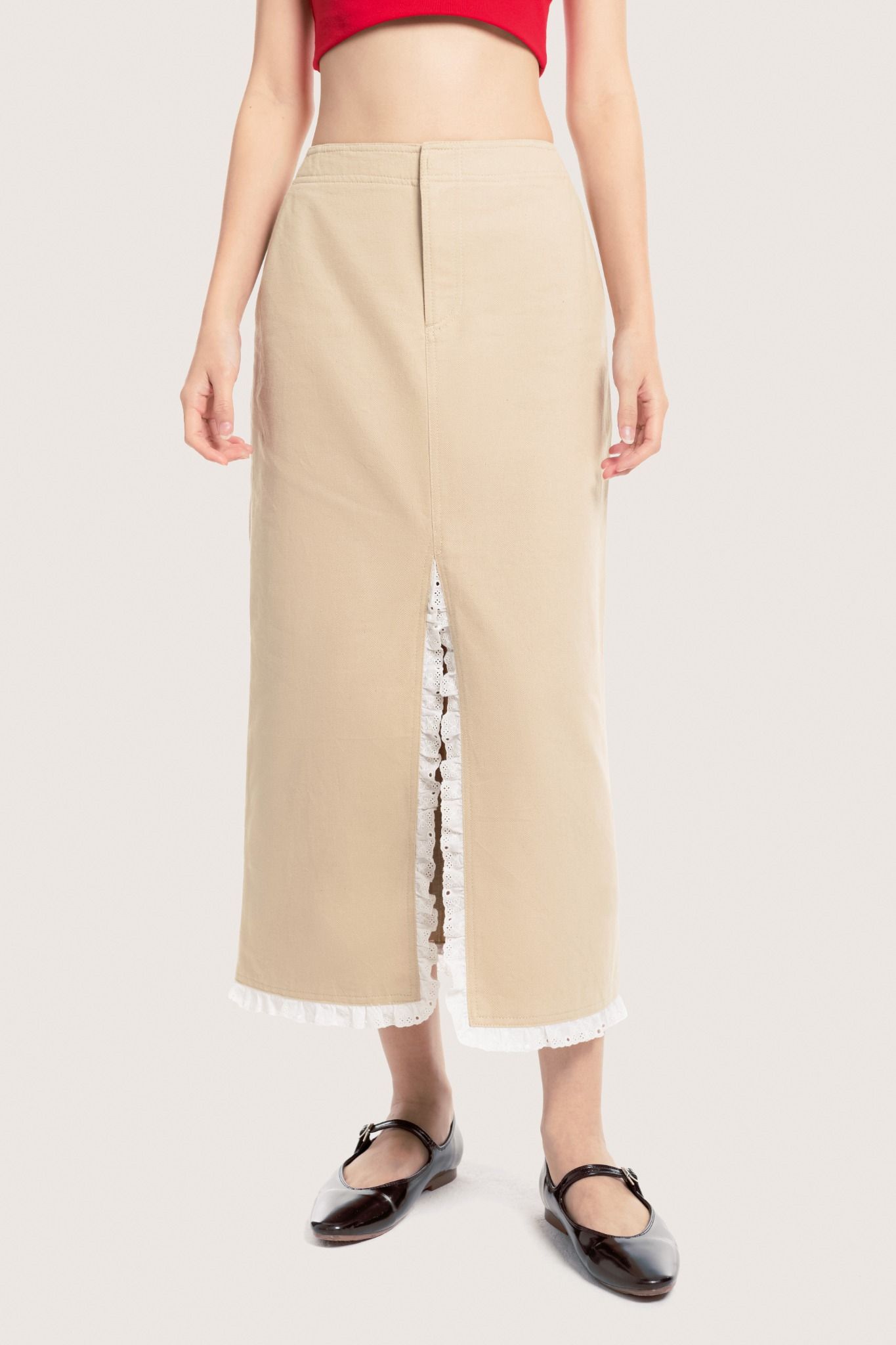  Beige Lace Trimming Khaki Midi Skirt 