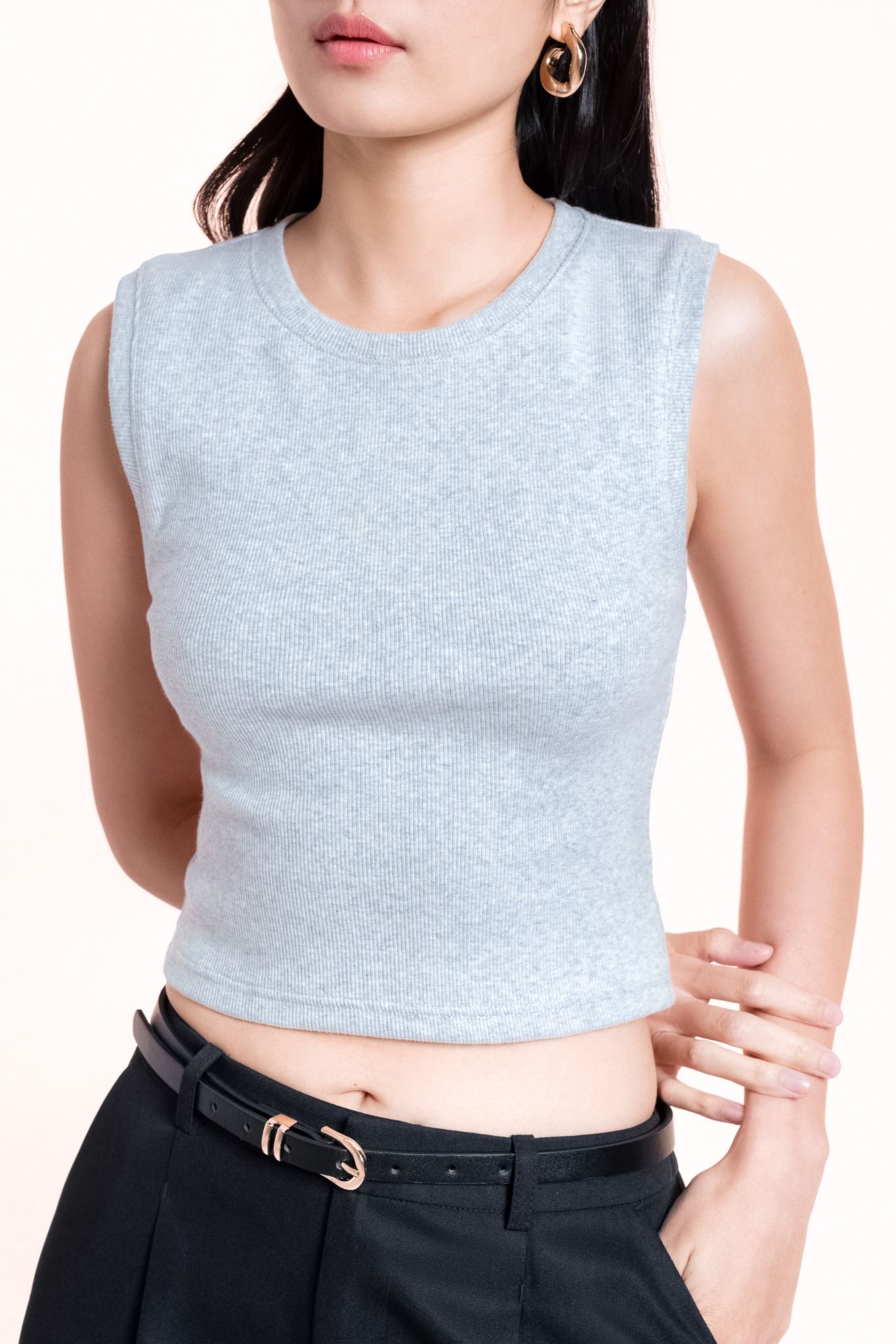  Grey Fitted Ribbed Cotton Tank Top 