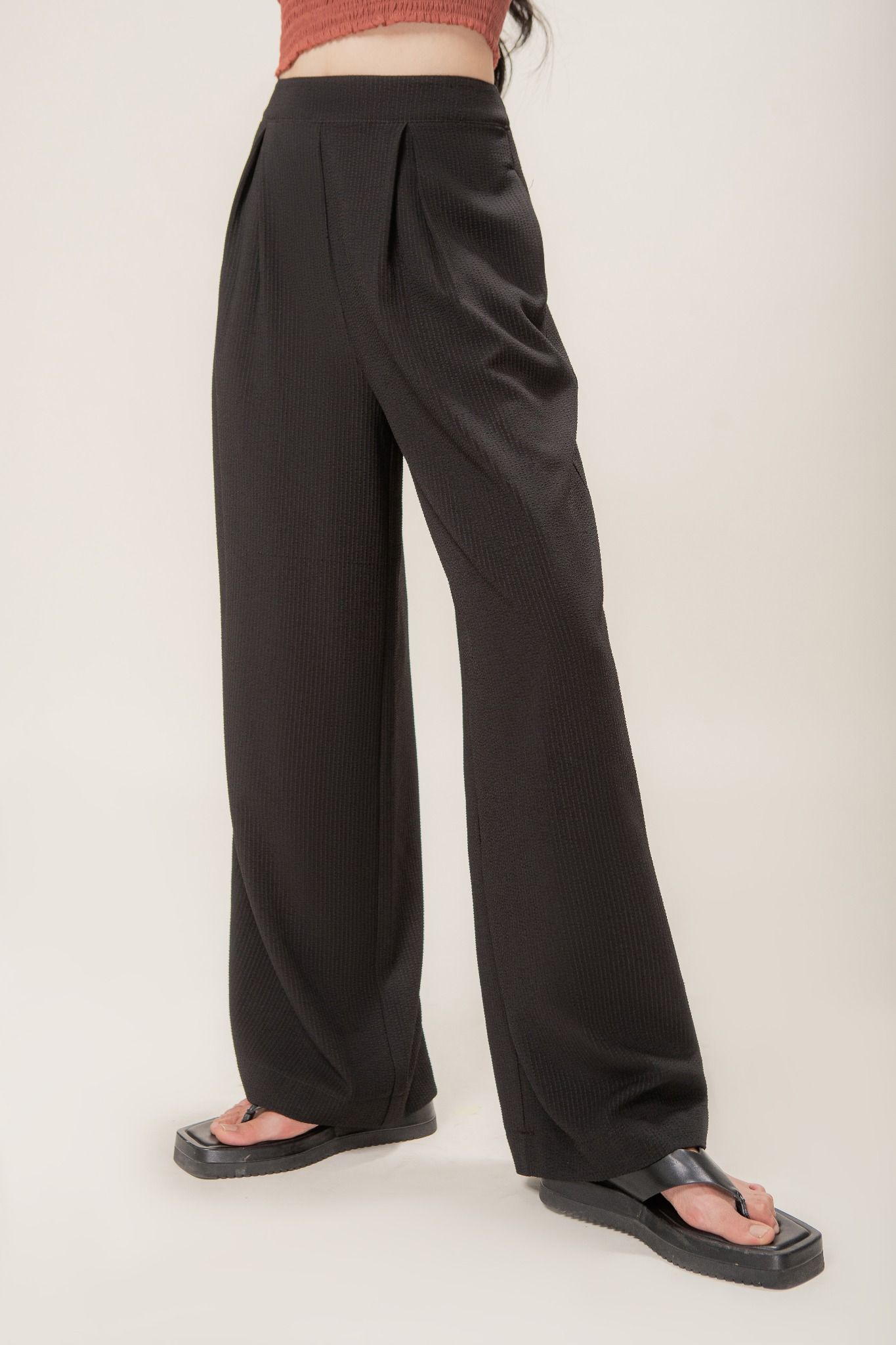  Black Textured Wide Leg Trousers 