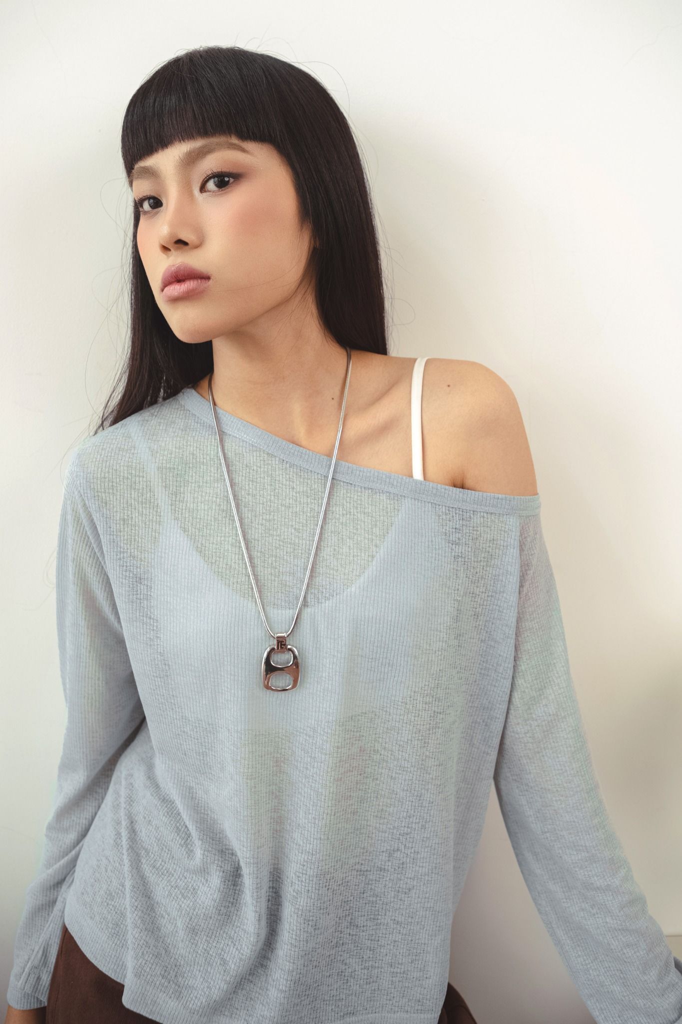  Blue Grey Cuffed Off Shoulder Long Sleeve Sheer Top 