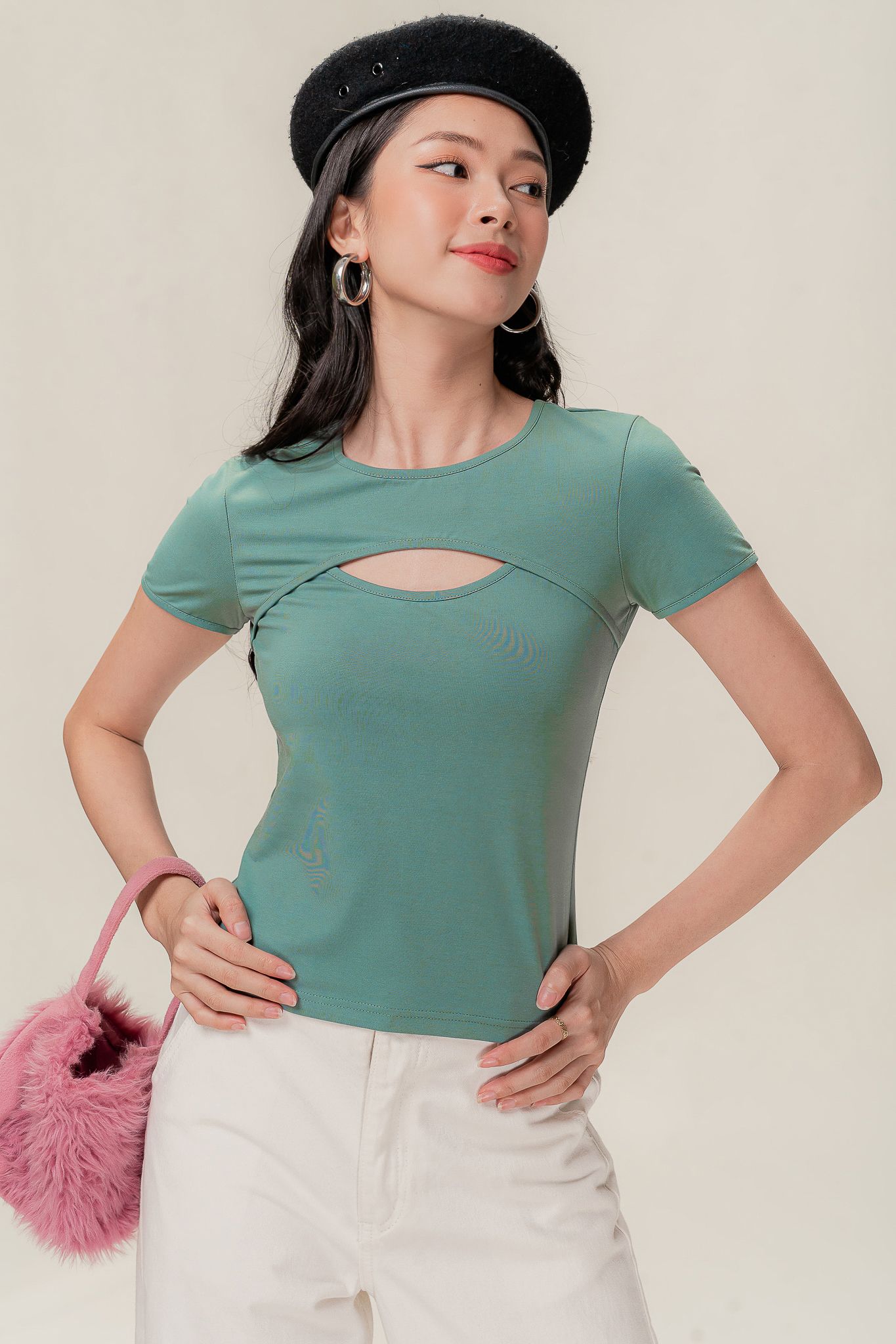  Green Cut Out Short Sleeve Top 