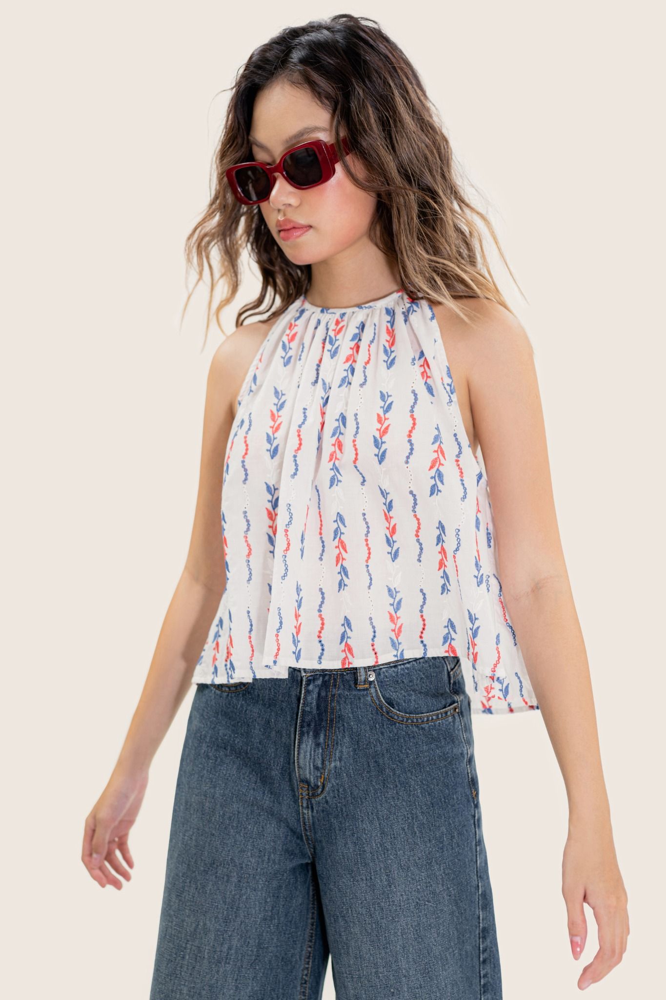  Floral Tie-Back Embroidered Top 